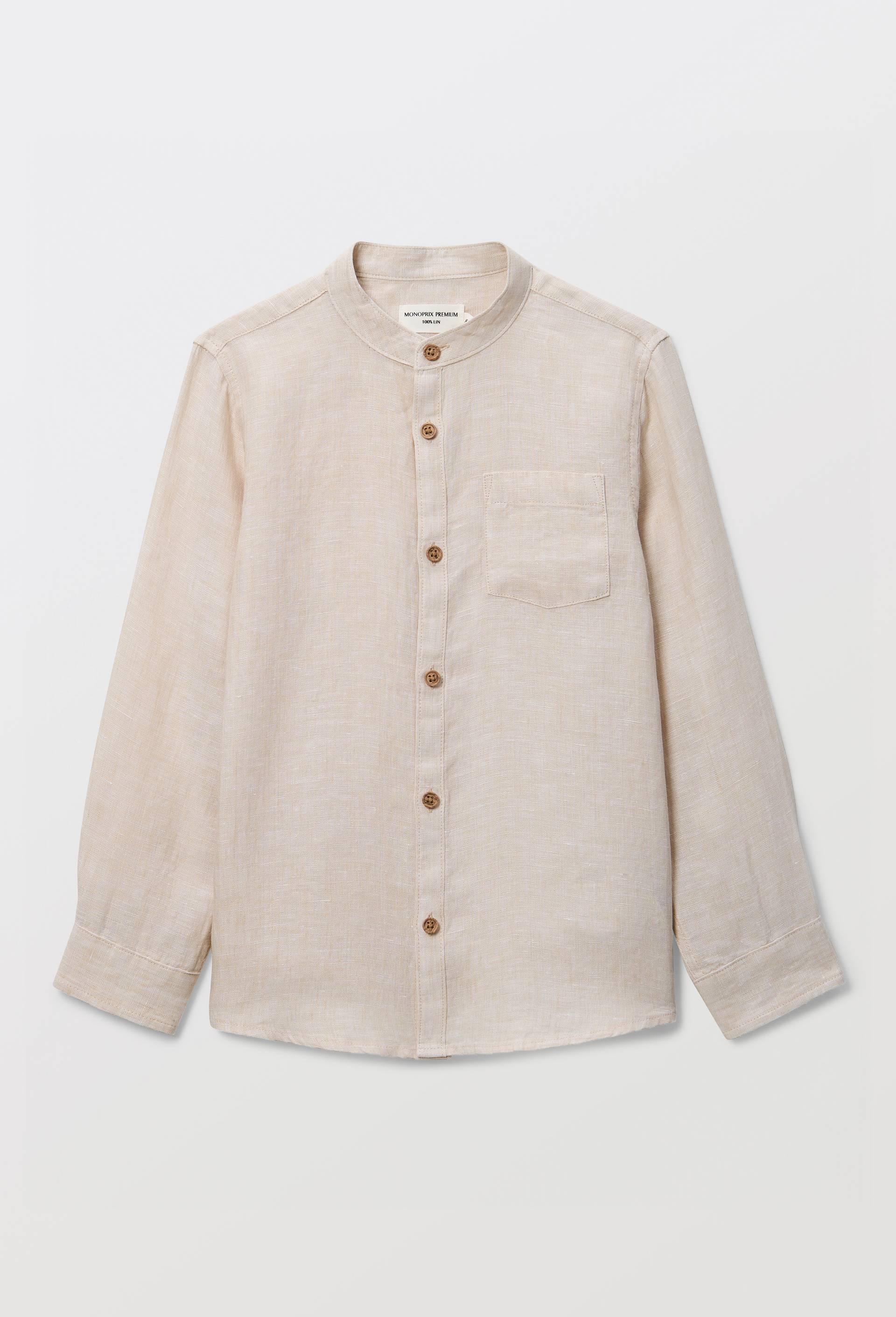 Chemise col mao unie en 100% lin, Beige, large image number 1.0