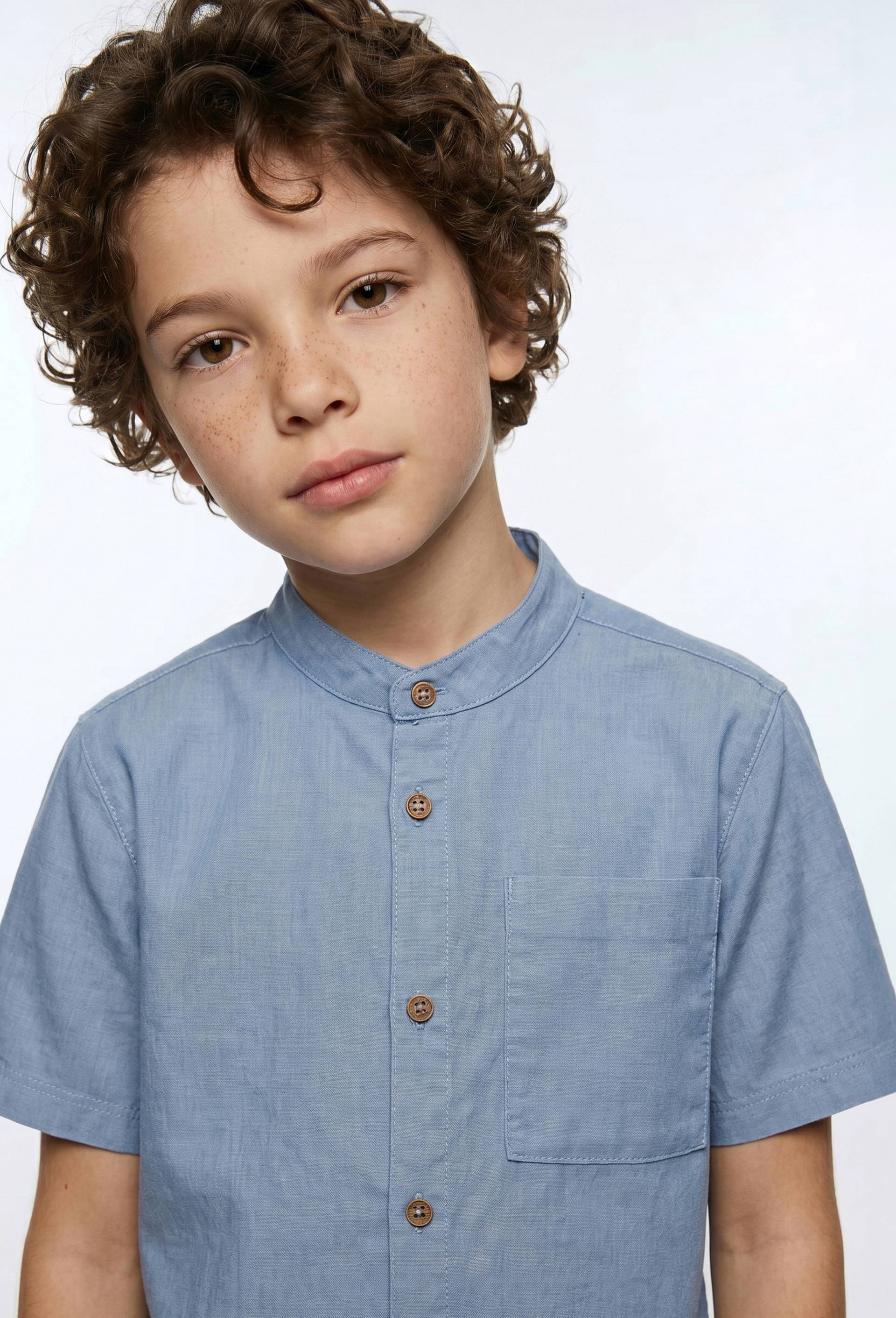 Chemise col mao manches courtes unie en coton et lin, Bleu, large image number 0.0