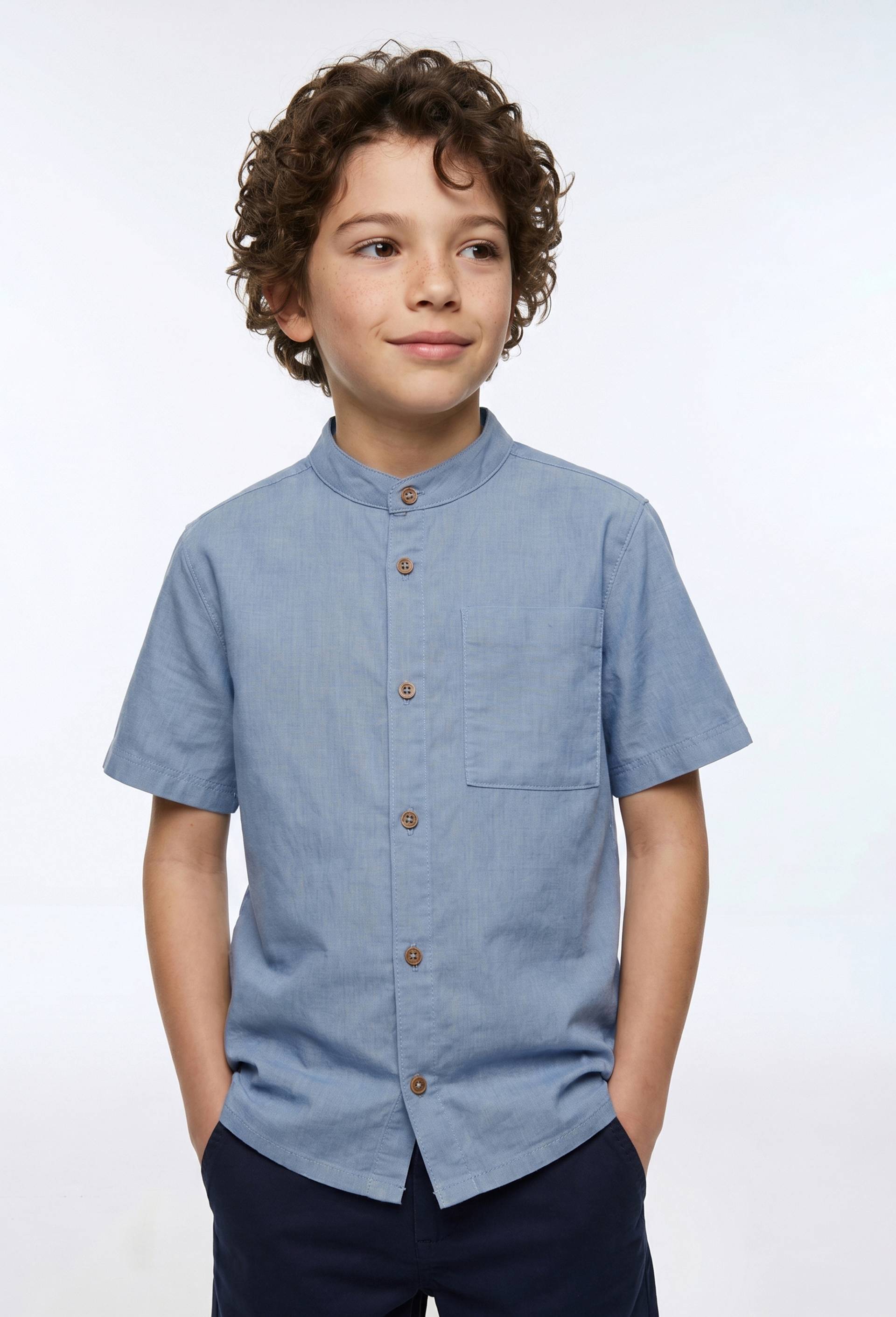 Chemise col mao manches courtes unie en coton et lin, Bleu, large image number 1.0