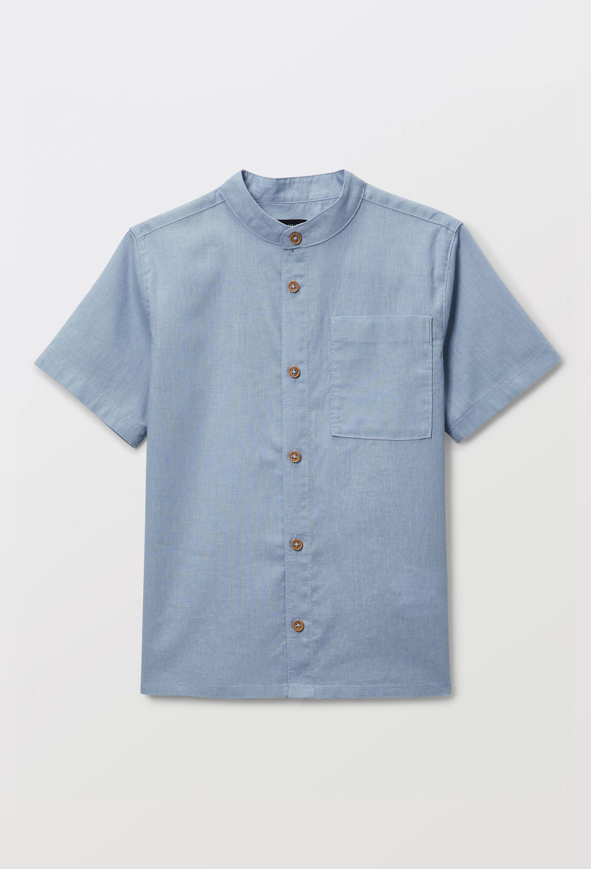 Chemise col mao manches courtes unie en coton et lin, Bleu, large image number 2.0