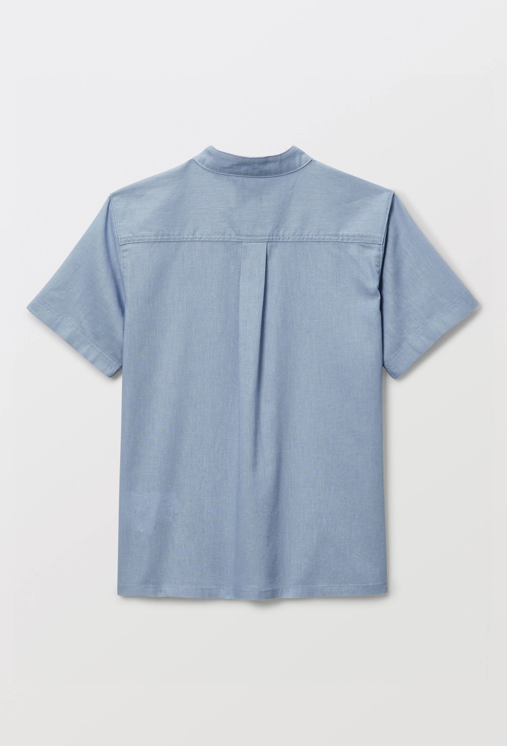 Chemise col mao manches courtes unie en coton et lin, Bleu, large image number 3