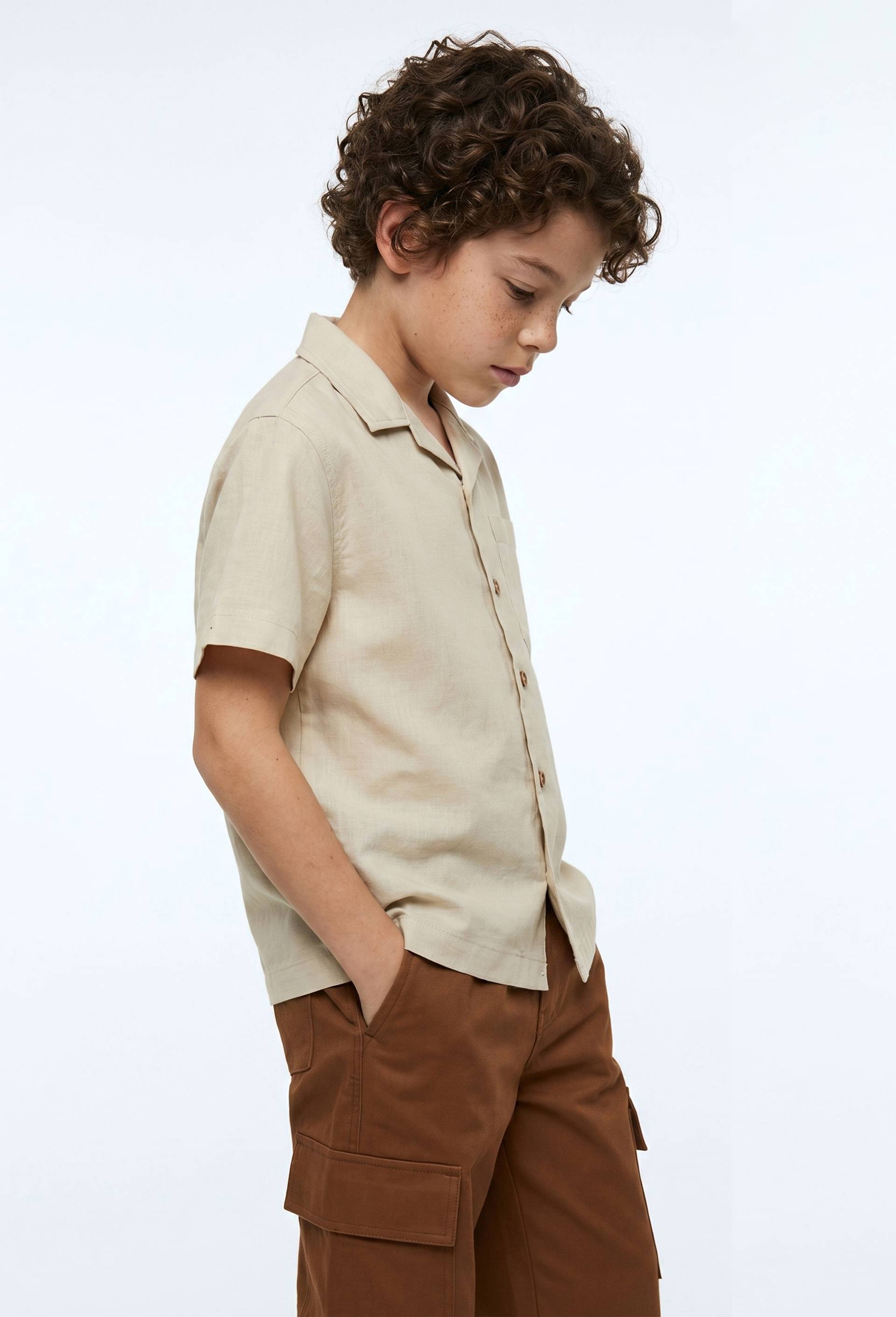 Chemise manches courtes unie en coton/lin, Beige, large image number 0