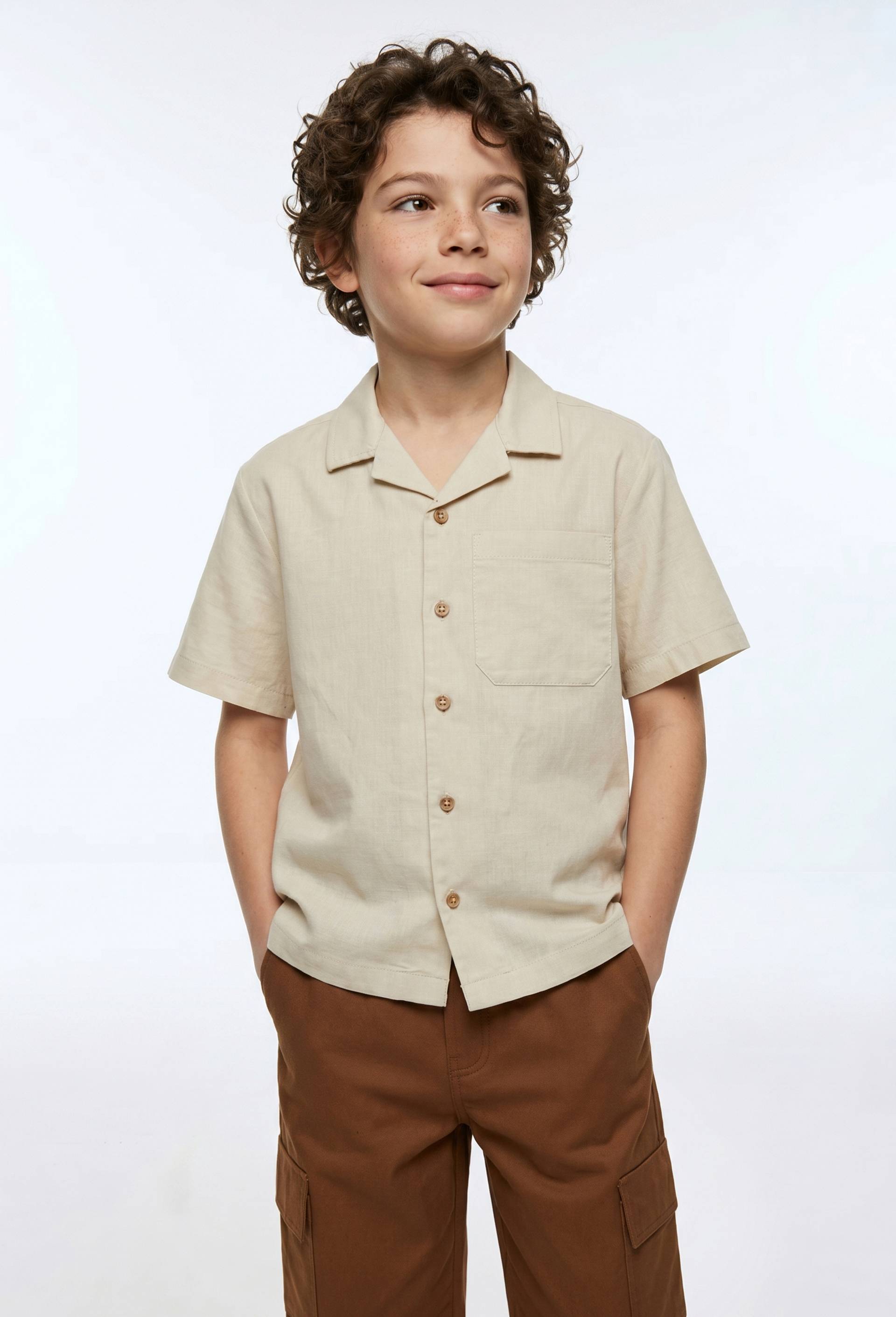 Chemise manches courtes unie en coton/lin, Beige, large image number 1