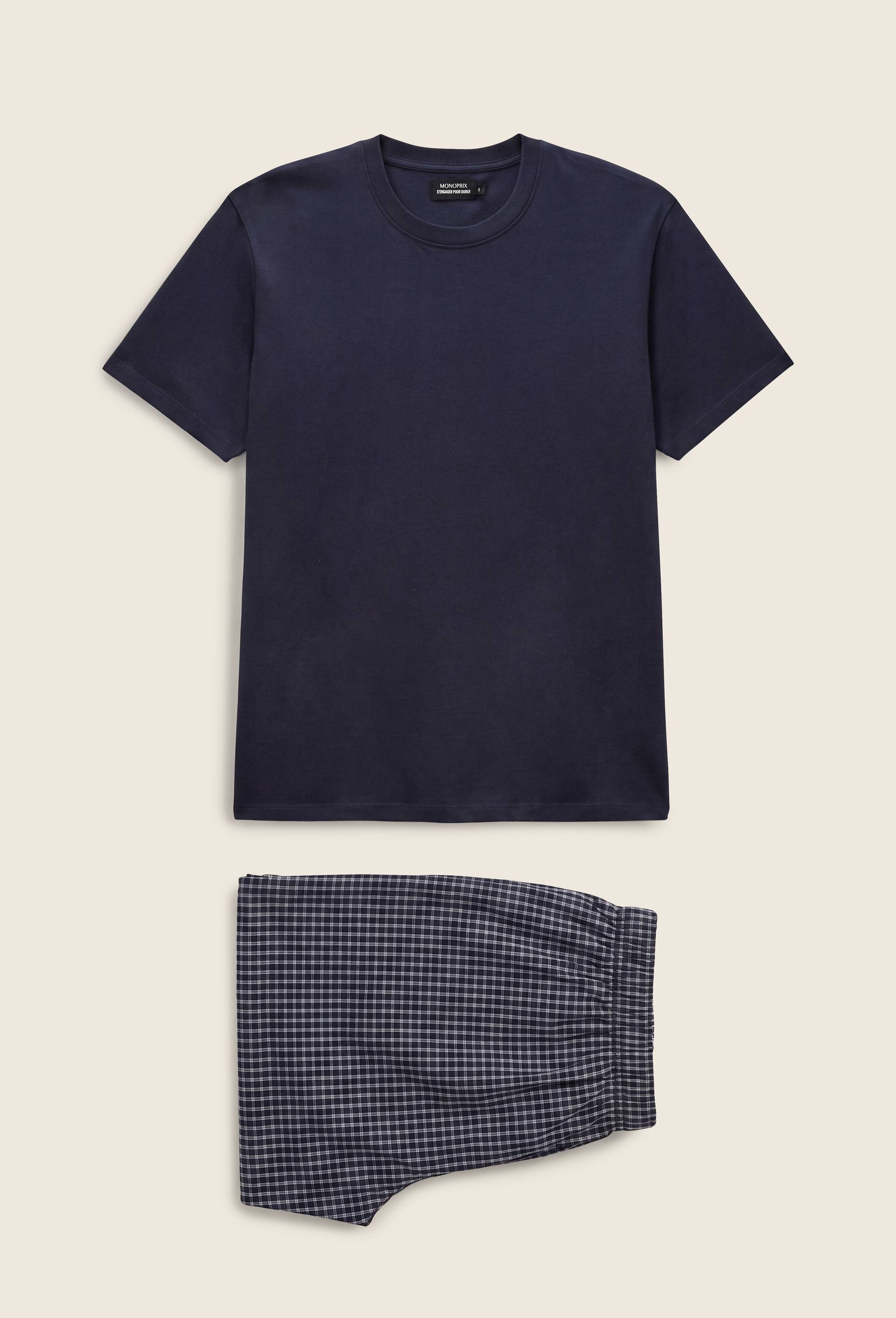 Pyjama t-shirt manches courtes et ray&eacute; carreaux en coton, Bleu fonc&eacute;, swatch image