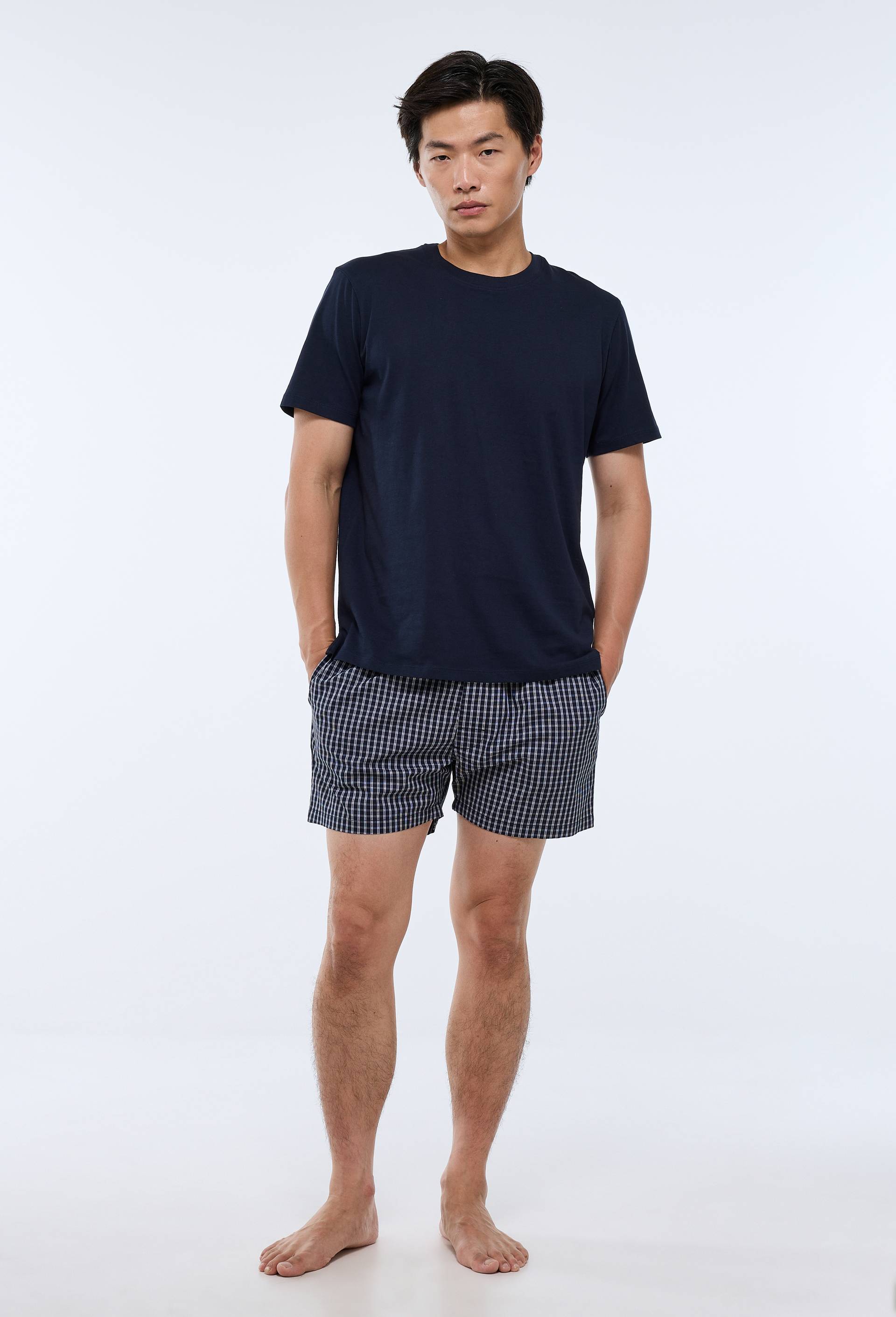 Pyjama t-shirt manches courtes et ray&eacute; carreaux en coton, Bleu fonc&eacute;, large image number 1