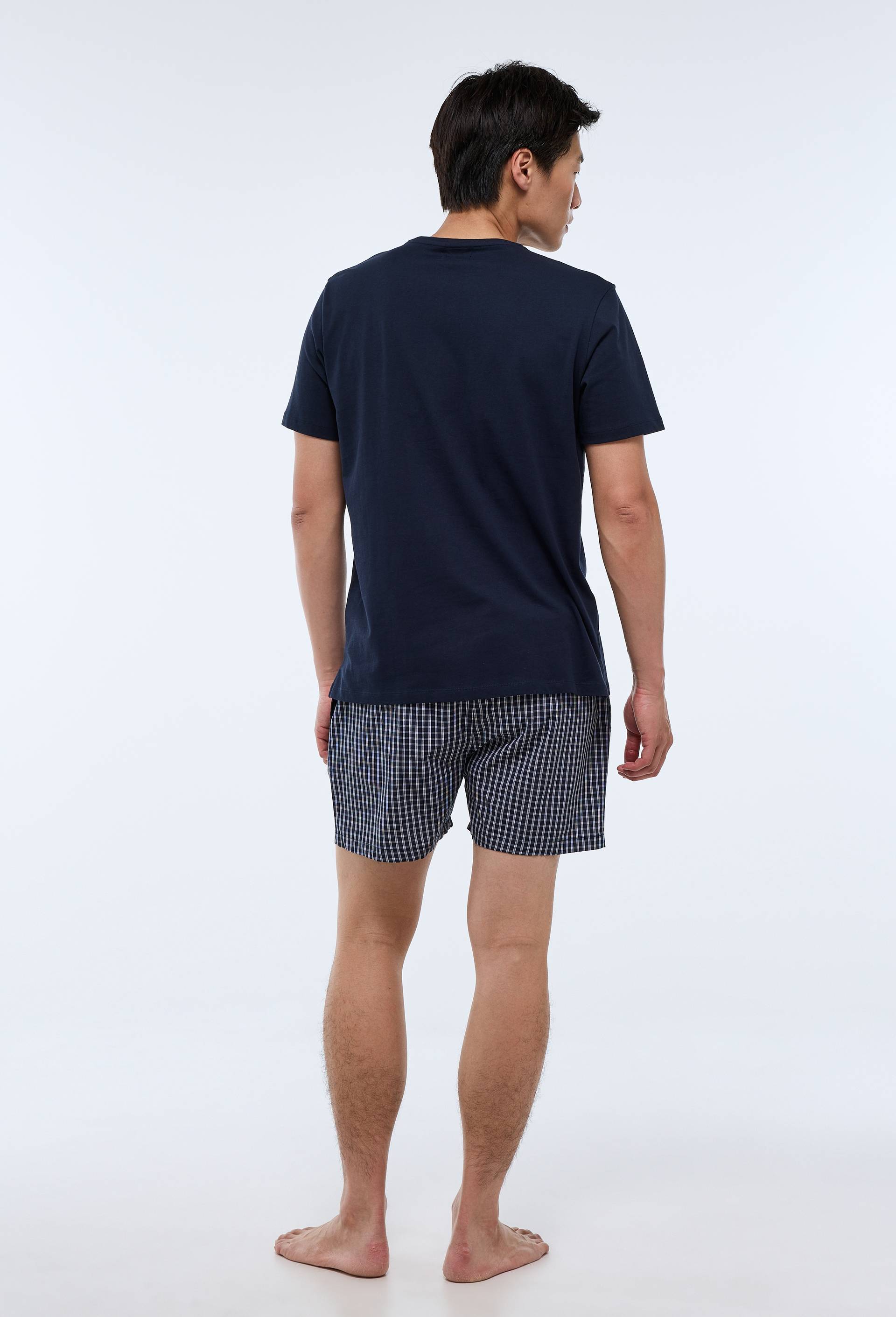 Pyjama t-shirt manches courtes et ray&eacute; carreaux en coton, Bleu fonc&eacute;, large image number 2.0