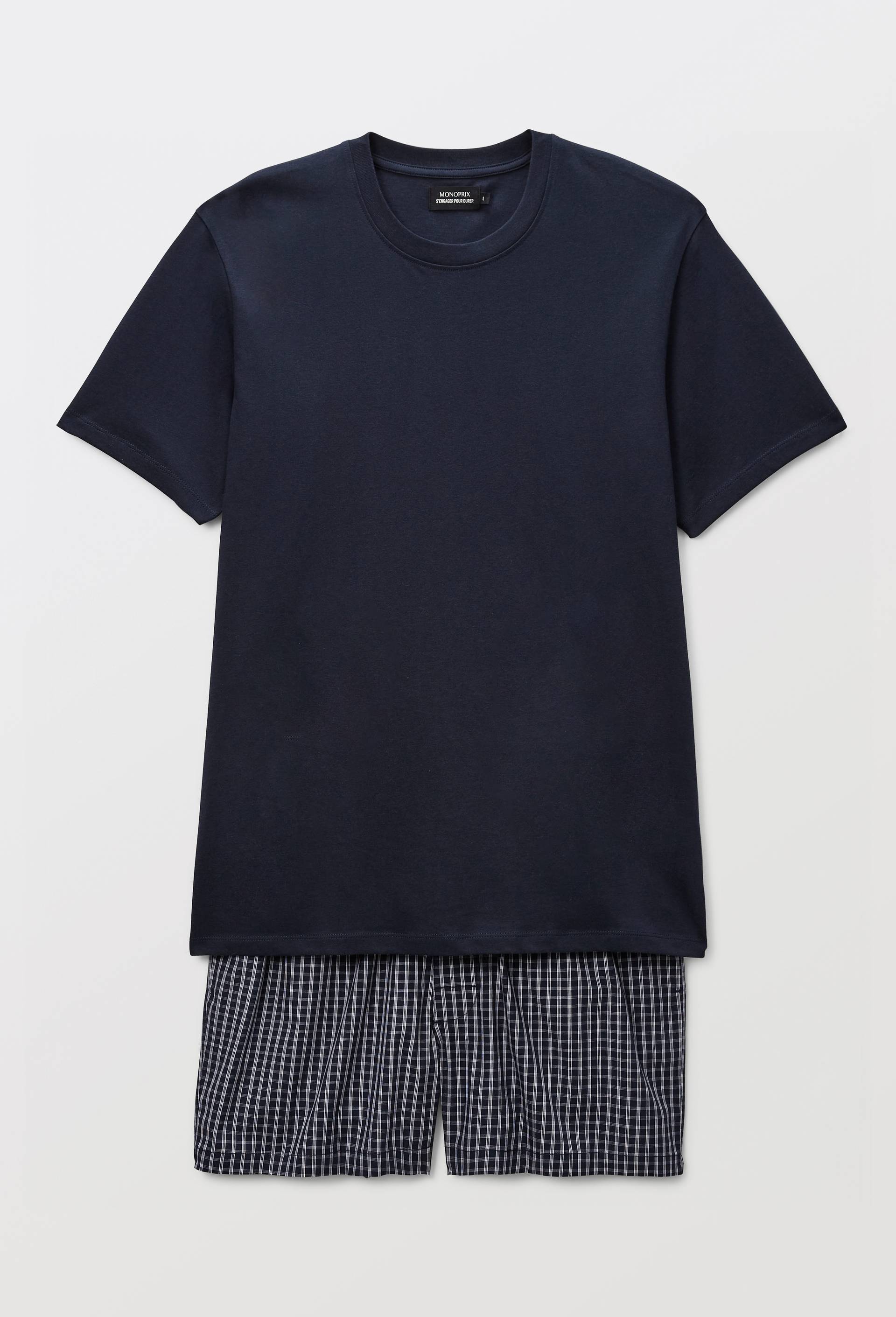 Pyjama t-shirt manches courtes et ray&eacute; carreaux en coton, Bleu fonc&eacute;, large image number 3.0