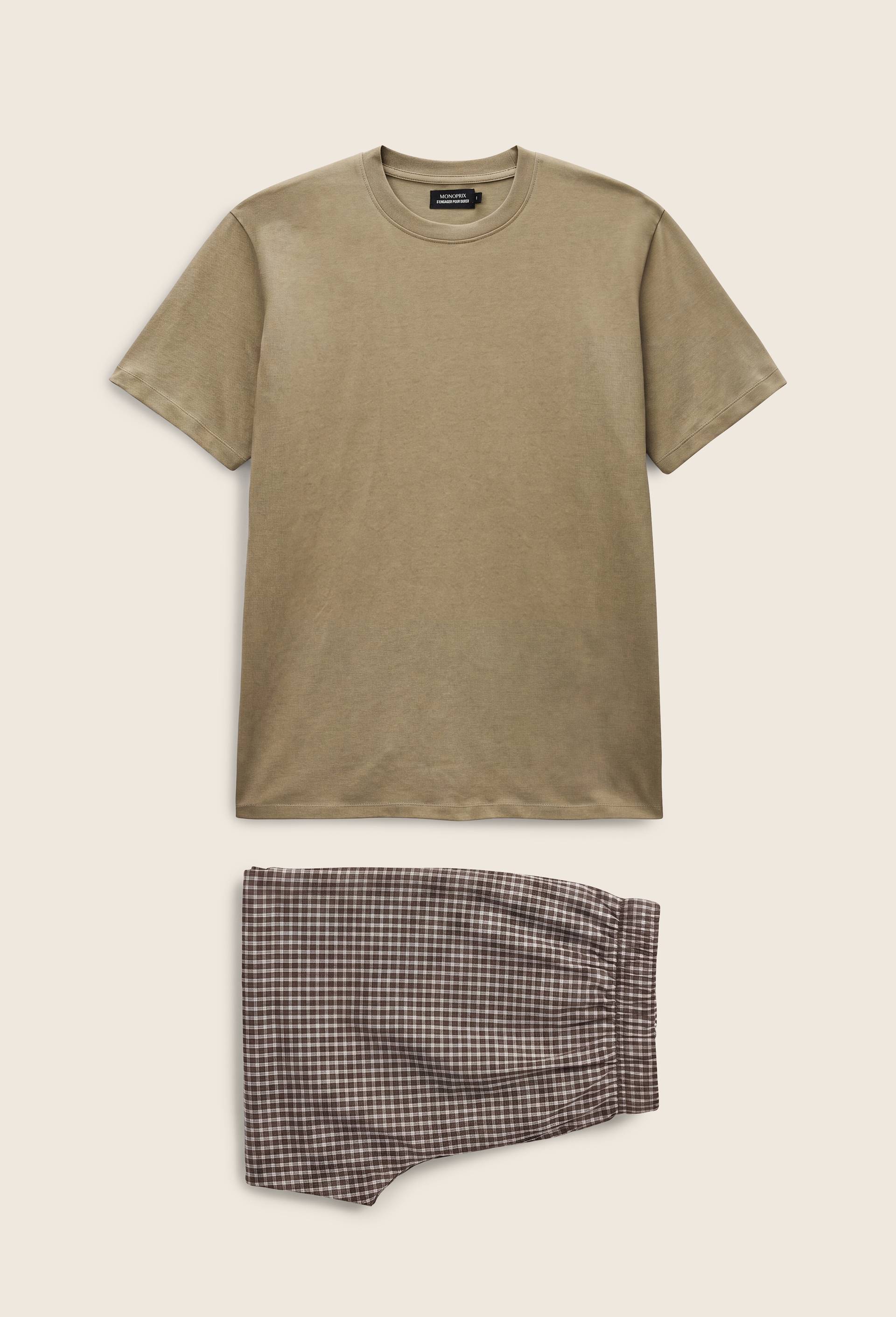 Pyjama t-shirt manches courtes et ray&eacute; carreaux en coton, Vert, large image number 0.0