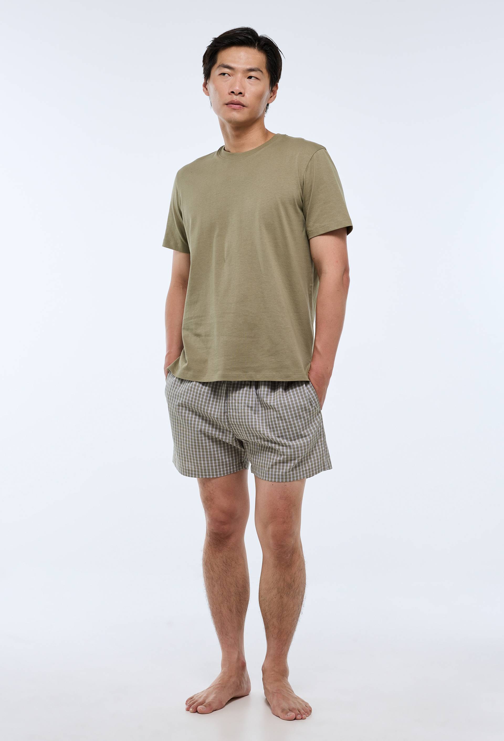Pyjama t-shirt manches courtes et ray&eacute; carreaux en coton, Vert, large image number 1
