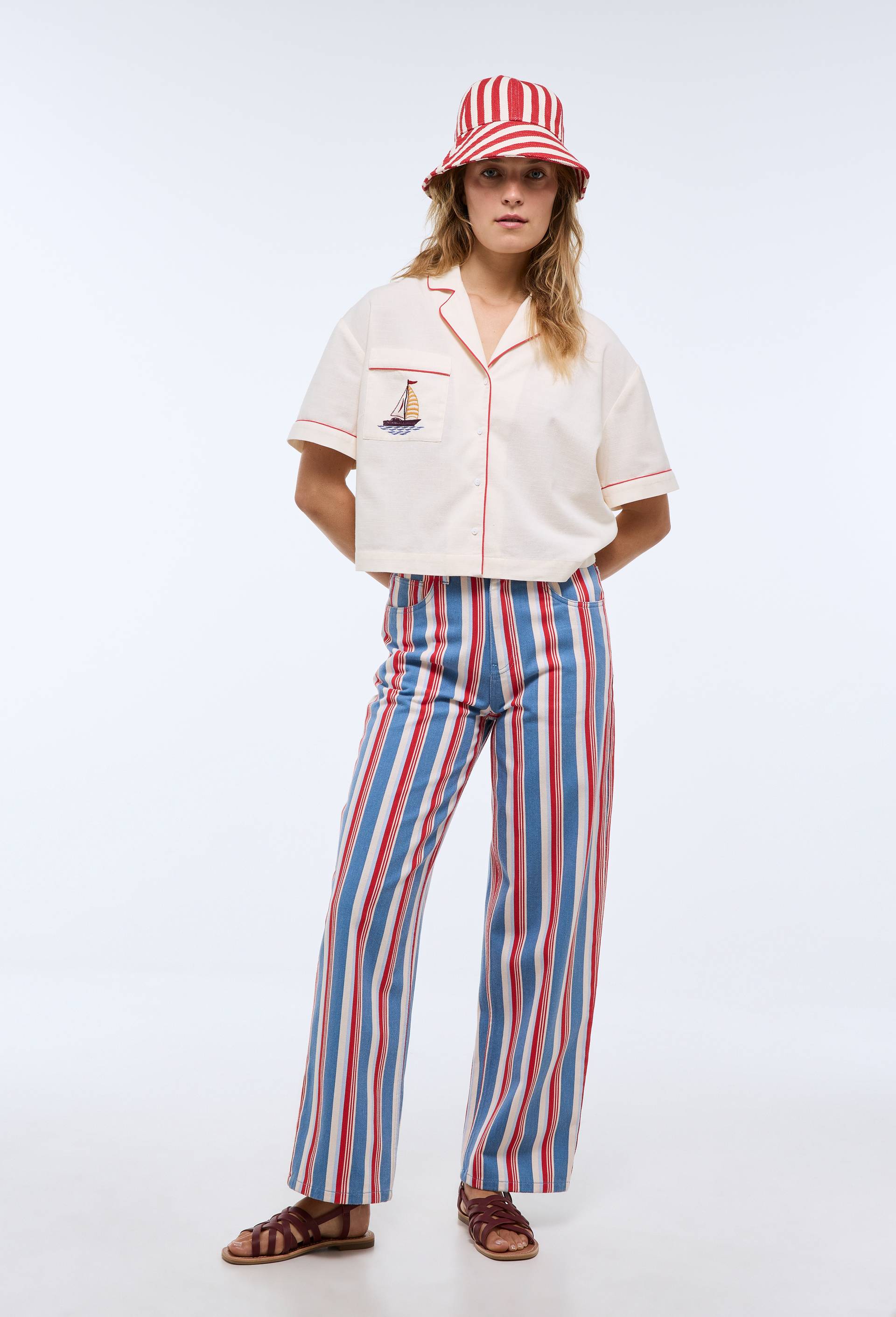 Jean wide leg raye en coton, Bleu, large image number 0.0