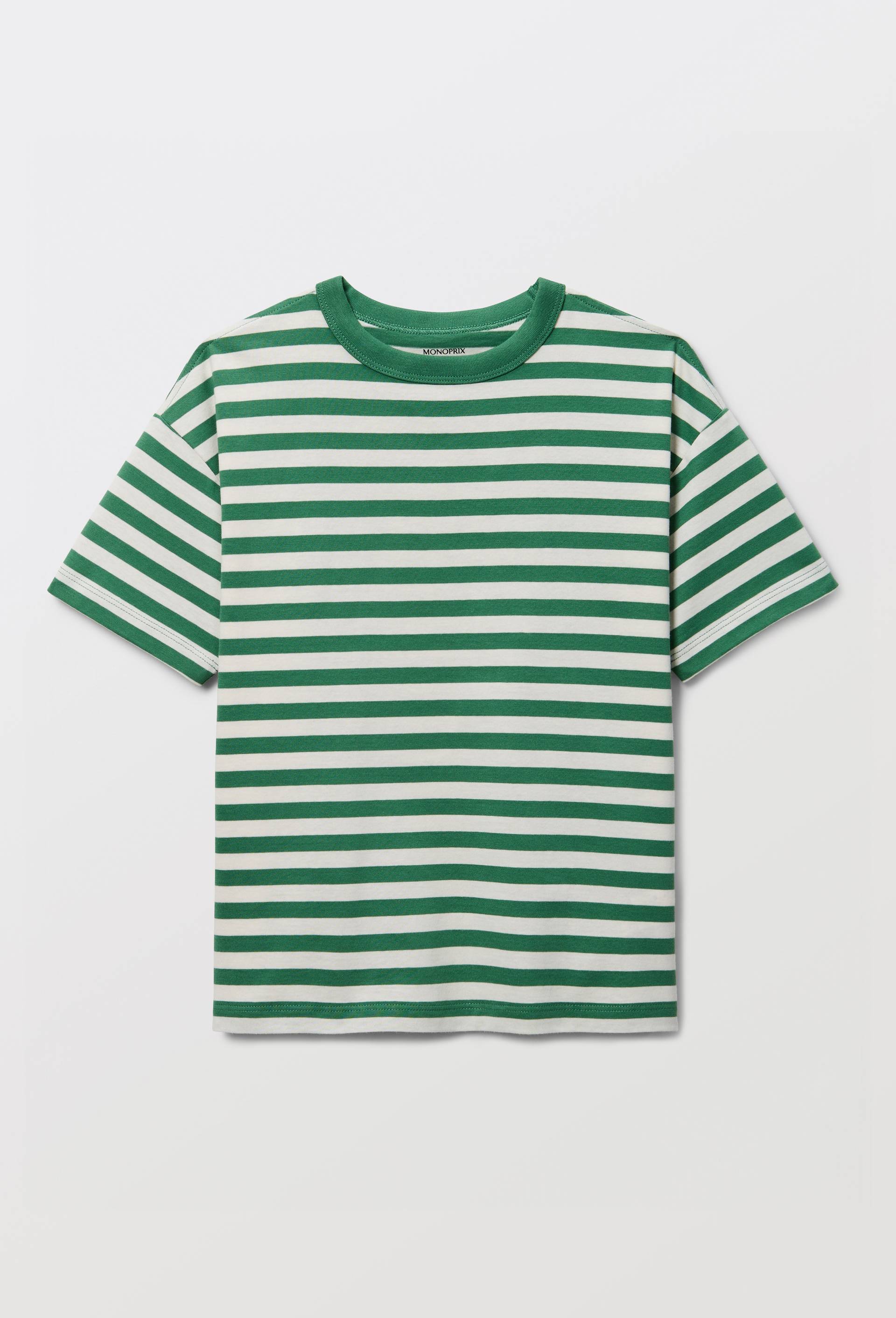 T-shirt manches courtes ray&eacute; en coton BIO GOTS, Vert, large image number 1