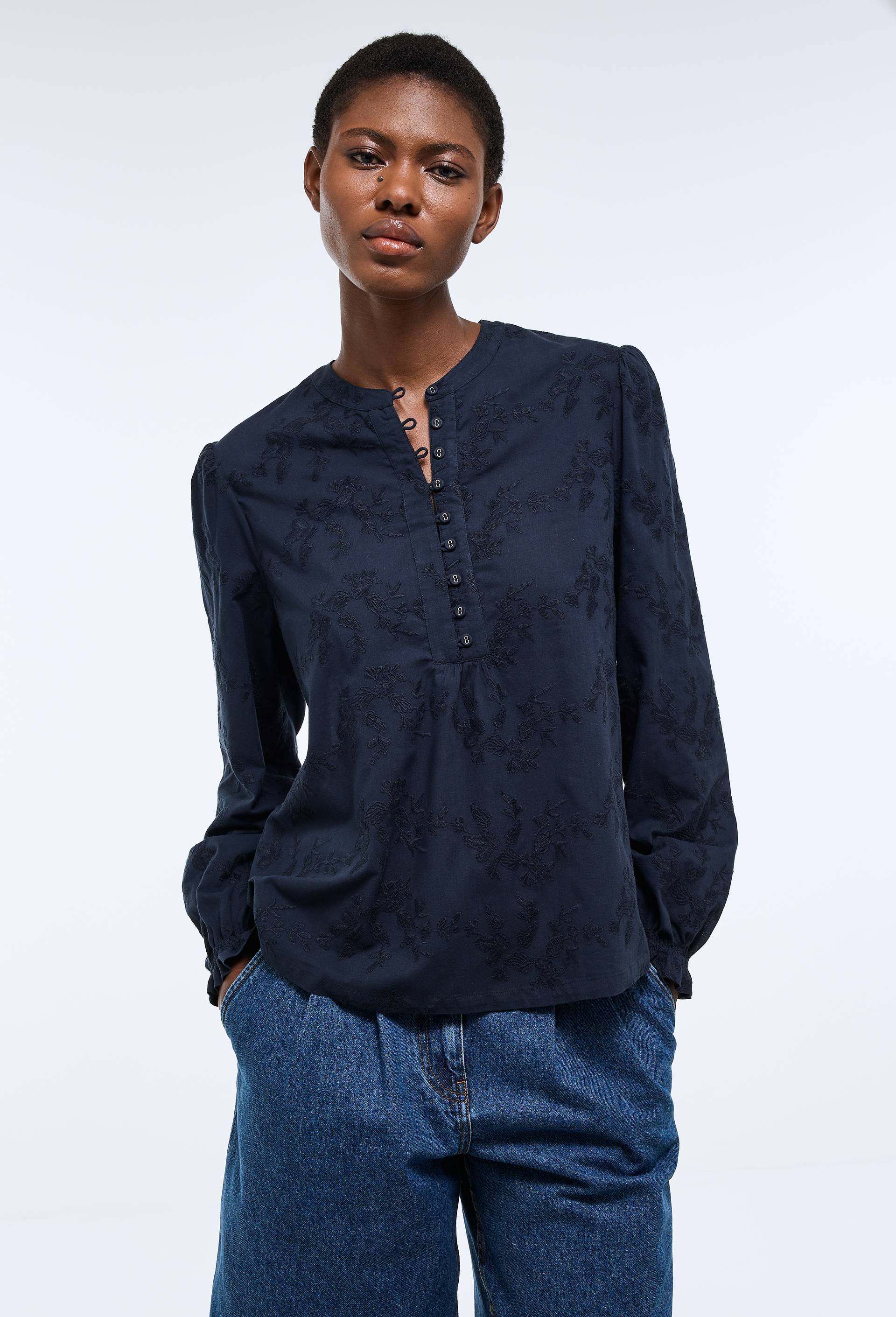 Blouse manches longues brod&eacute;e en coton, Bleu fonc&eacute;, large image number 0