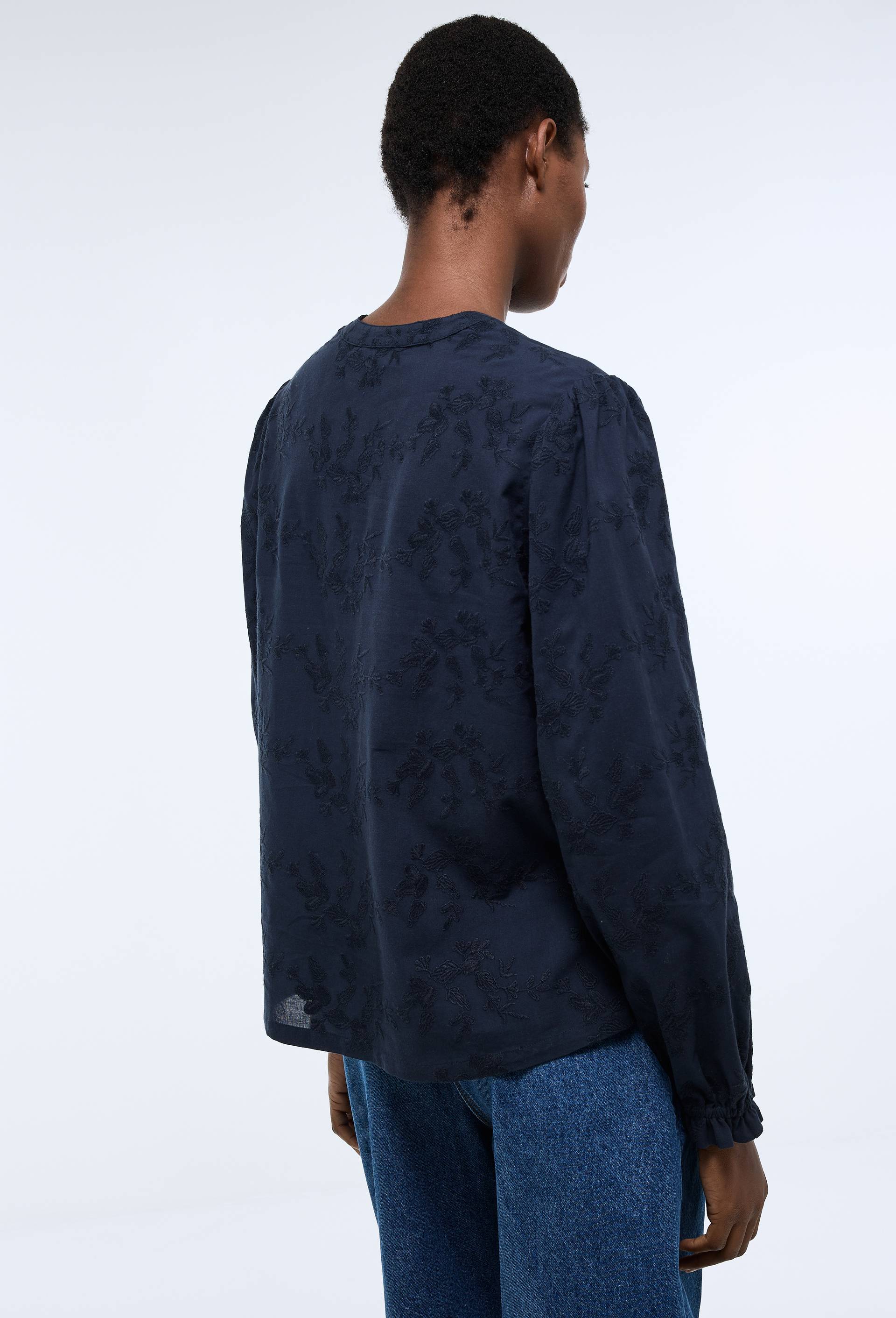 Blouse manches longues brod&eacute;e en coton, Bleu fonc&eacute;, large image number 2