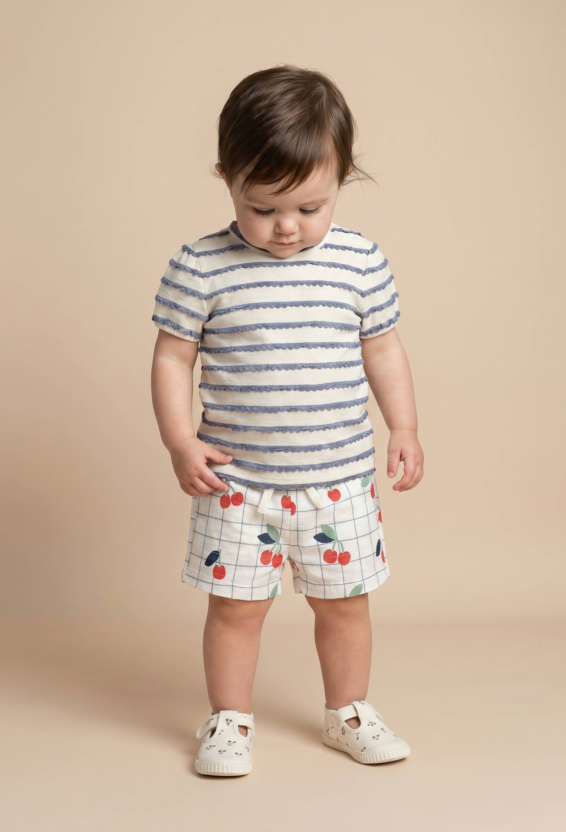 Lot de 2 shorts un uni et un imprim&eacute; en coton BIO GOTS, Beige clair, large image number 0.0