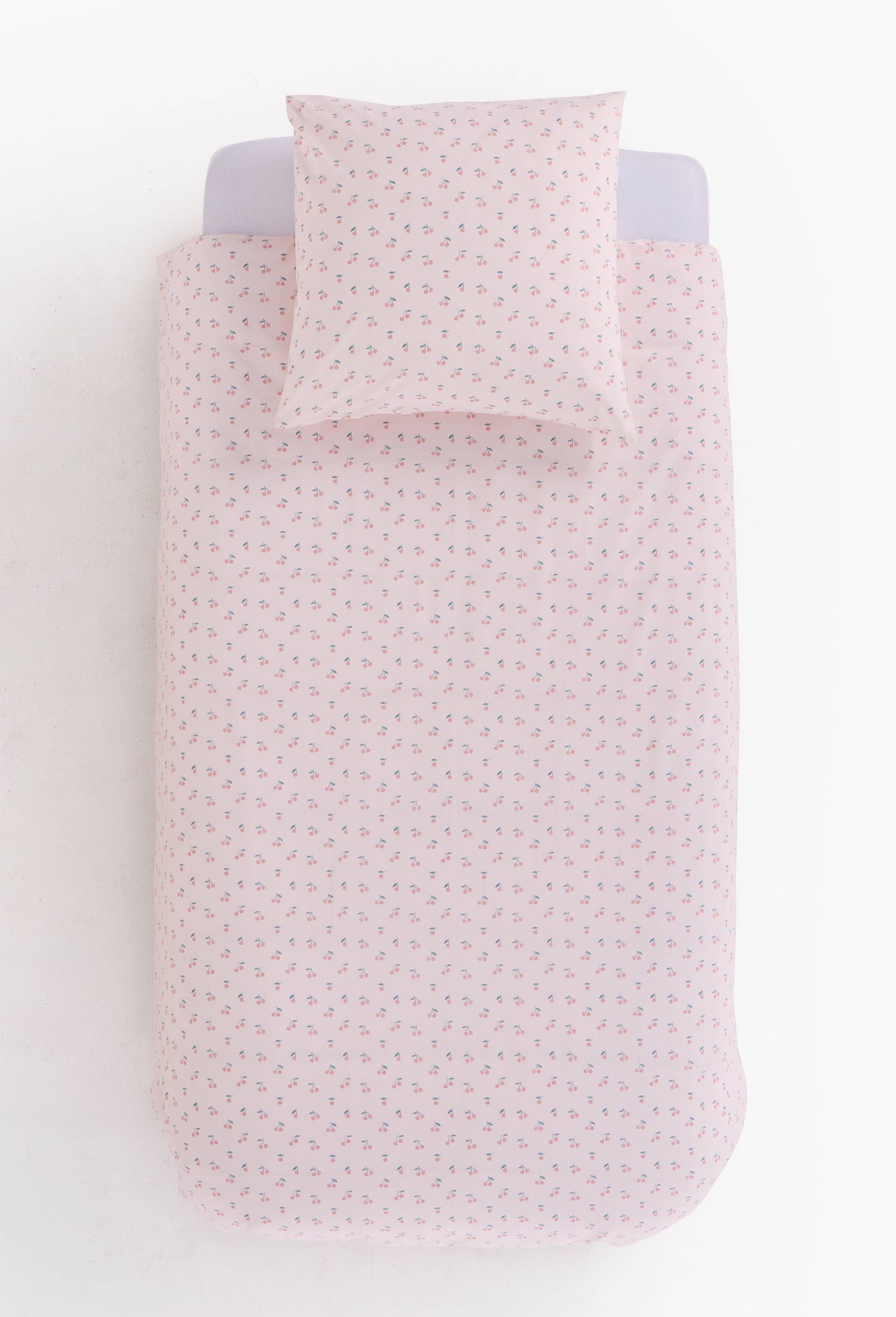 Lot linge de lit imprim&eacute; motif fruits, 140x200cm + 63x63cm, en coton bio, Multicolore, large image number 1.0