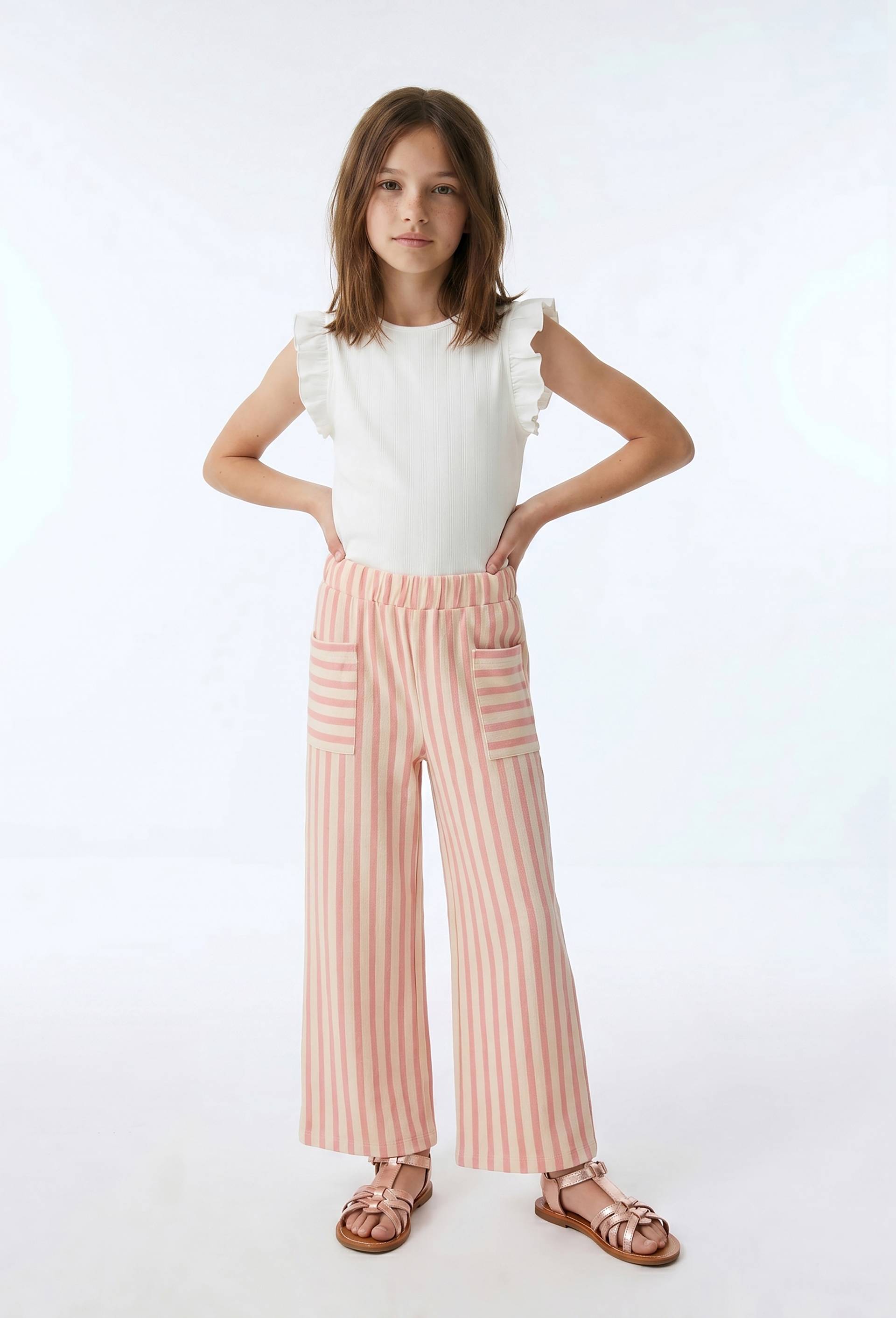 Pantalon large ray&eacute; en coton, Rose, large image number 0.0