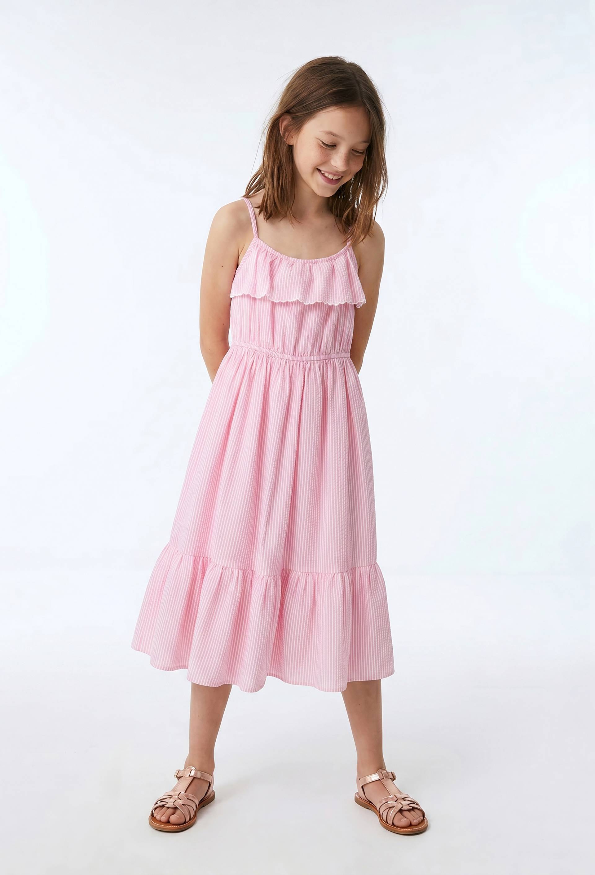 Robe midi &agrave; bretelles imprim&eacute;e en coton, Rose, large image number 0.0