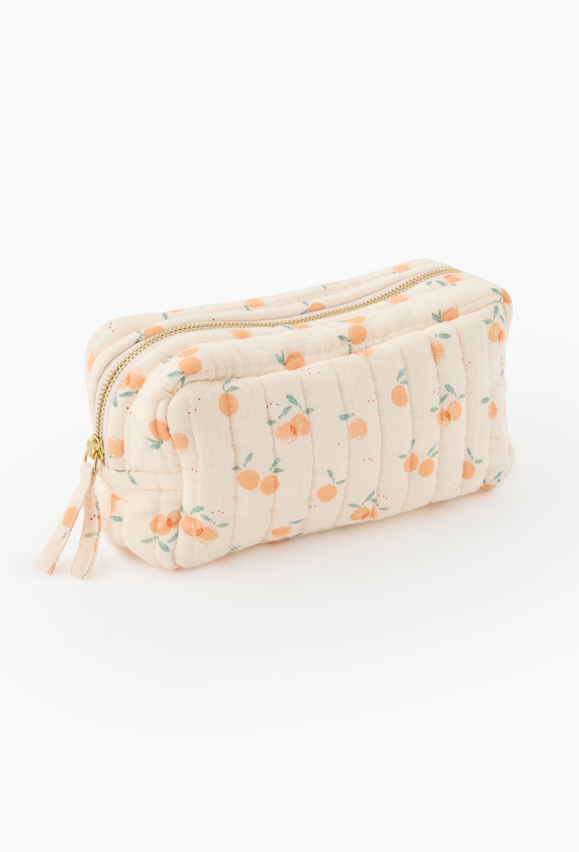Trousse imprim&eacute;e quilt&eacute;e p&ecirc;che , 20x8x11 cm, en coton bio, Orange clair, large image number 0