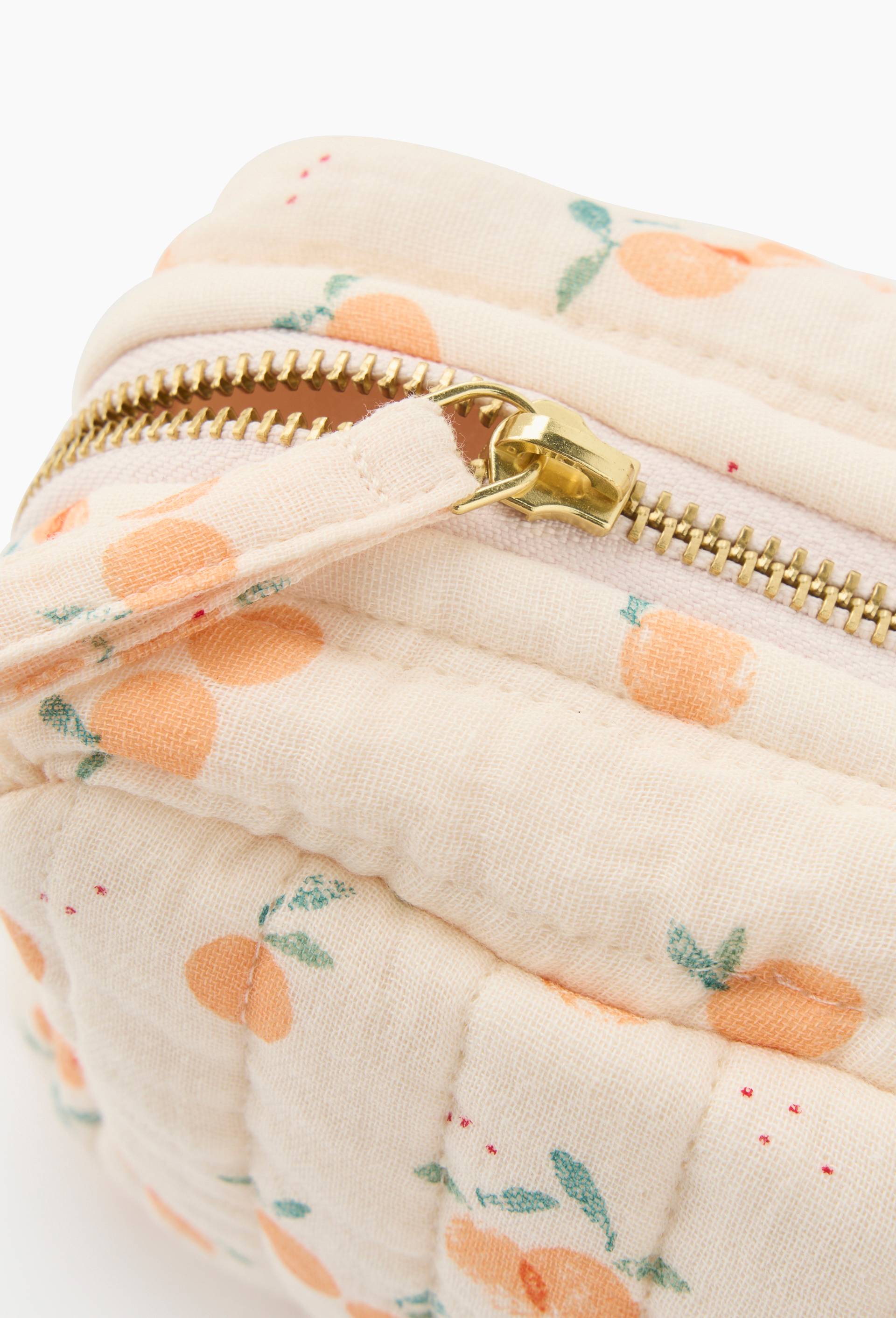 Trousse imprim&eacute;e quilt&eacute;e p&ecirc;che , 20x8x11 cm, en coton bio, Orange clair, large image number 1