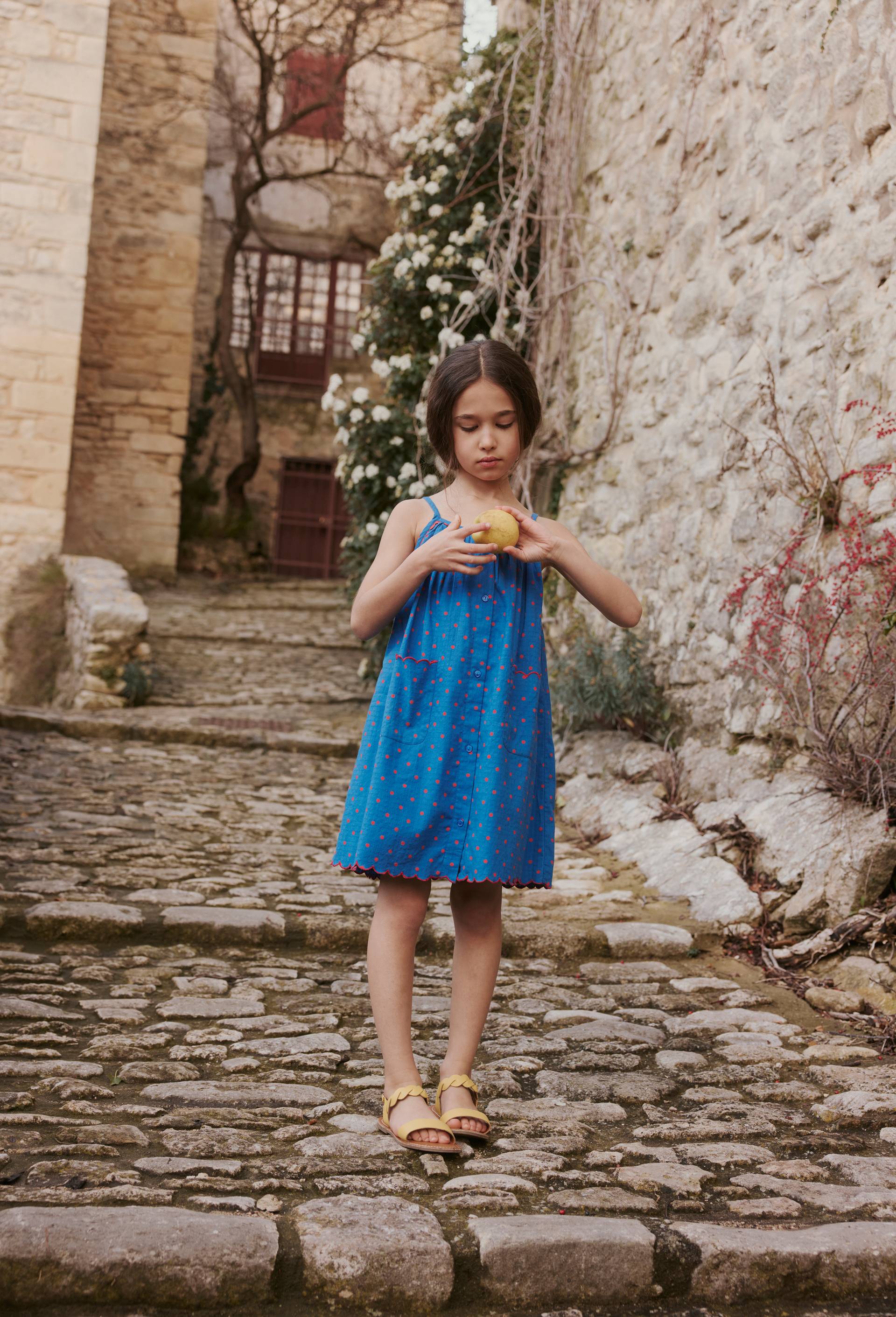 Robe en coton &agrave; bretelles imprim&eacute; pois, Bleu, large image number 1.0