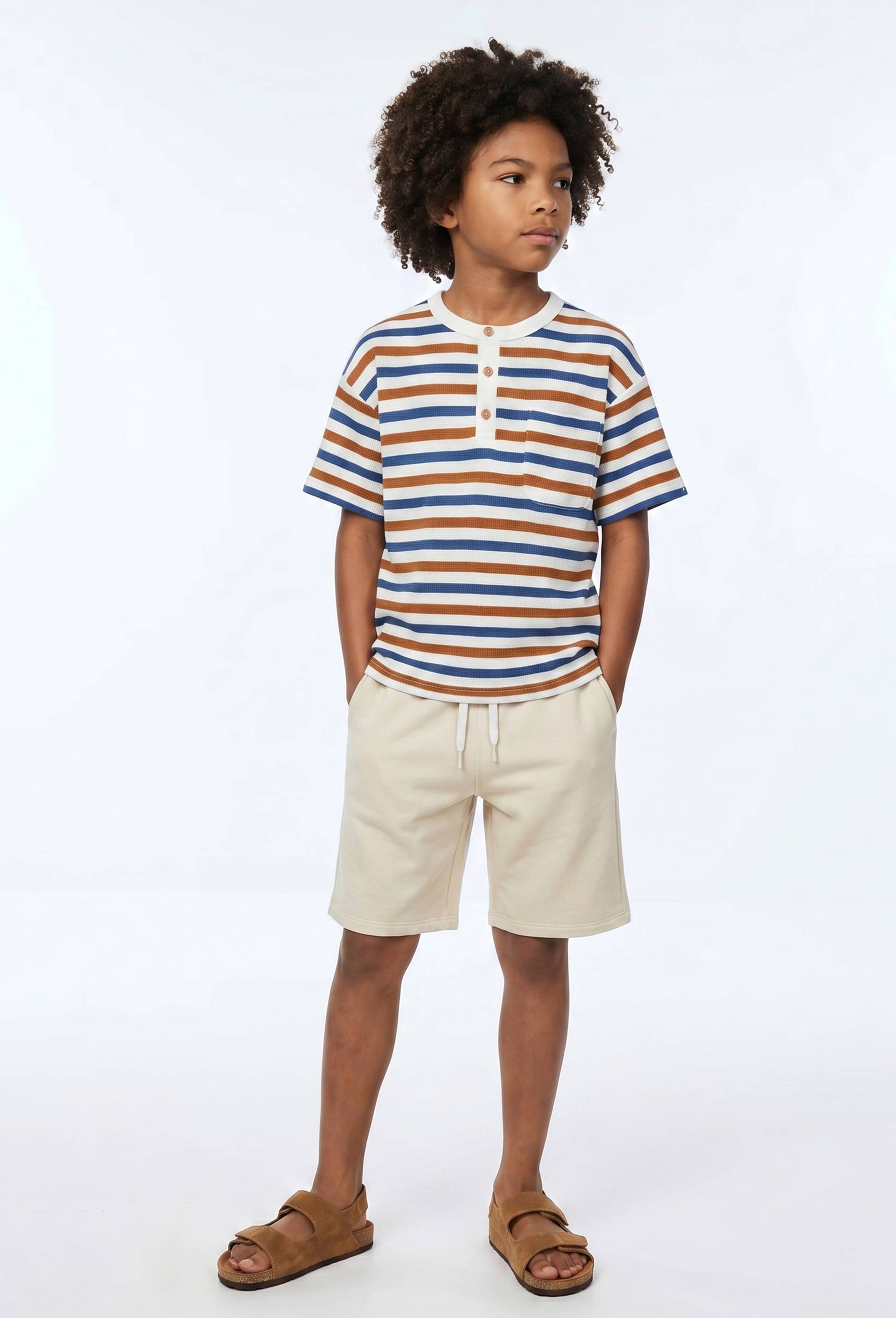 T-shirt manches courtes ray&eacute; en nid d'abeille en coton BIO GOTS, Beige clair, large image number 0.0