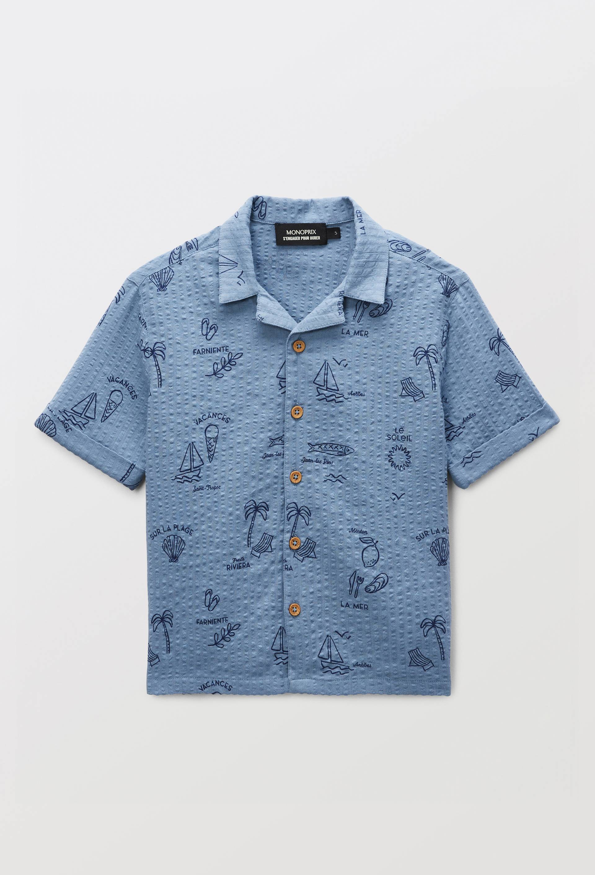 Chemise manches courtes imprim&eacute;e en seersucker en coton BIO GOTS, Bleu, large image number 1.0