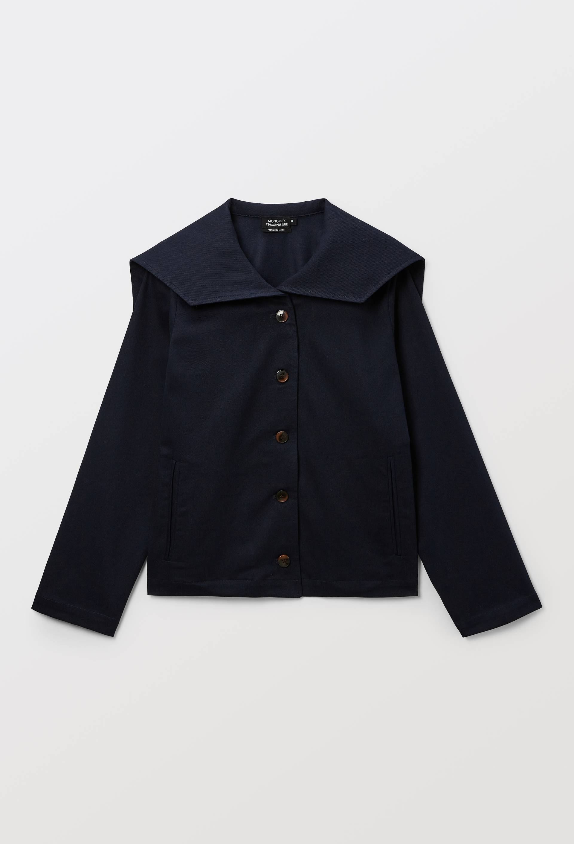 Veste courte col marin contenant du coton, Bleu fonc&eacute;, large image number 3