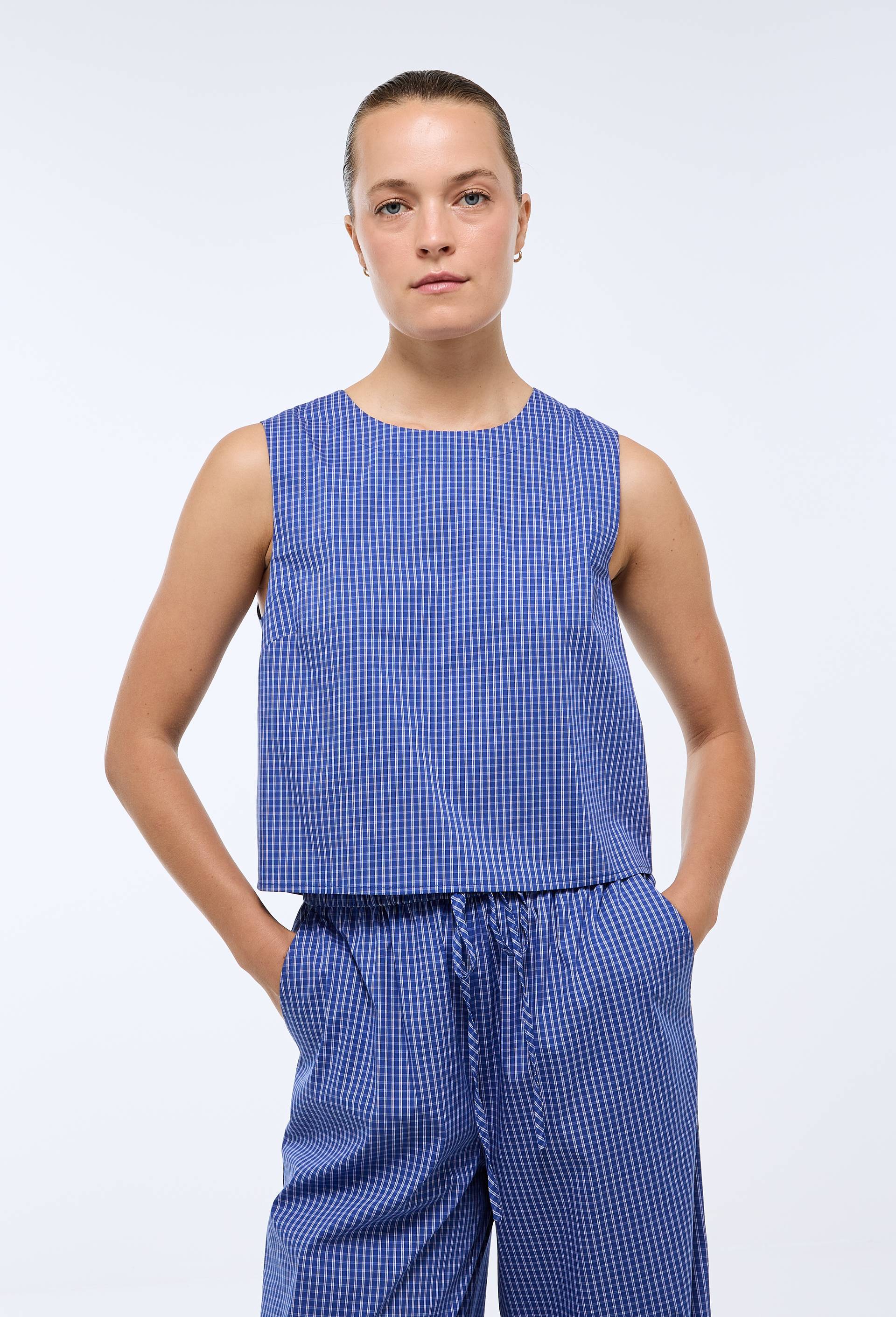Blouse sans manches, dos nu nou&eacute;, en coton BIO GOTS, Bleu, large image number 0.0