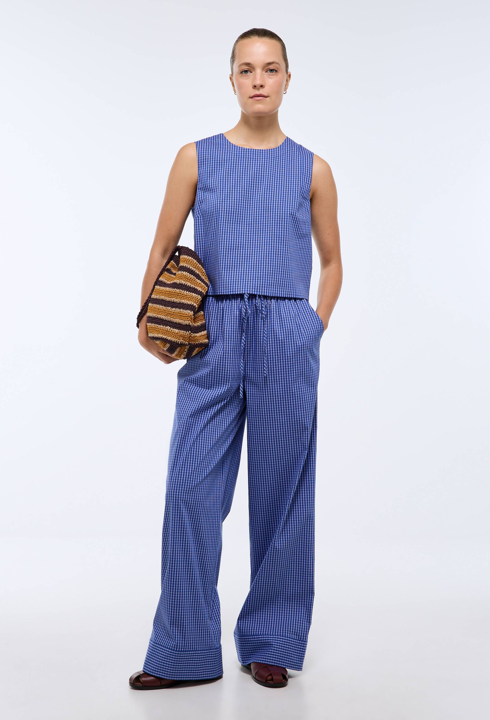 Pantalon large &agrave; carreaux en coton, Bleu, large image number 2