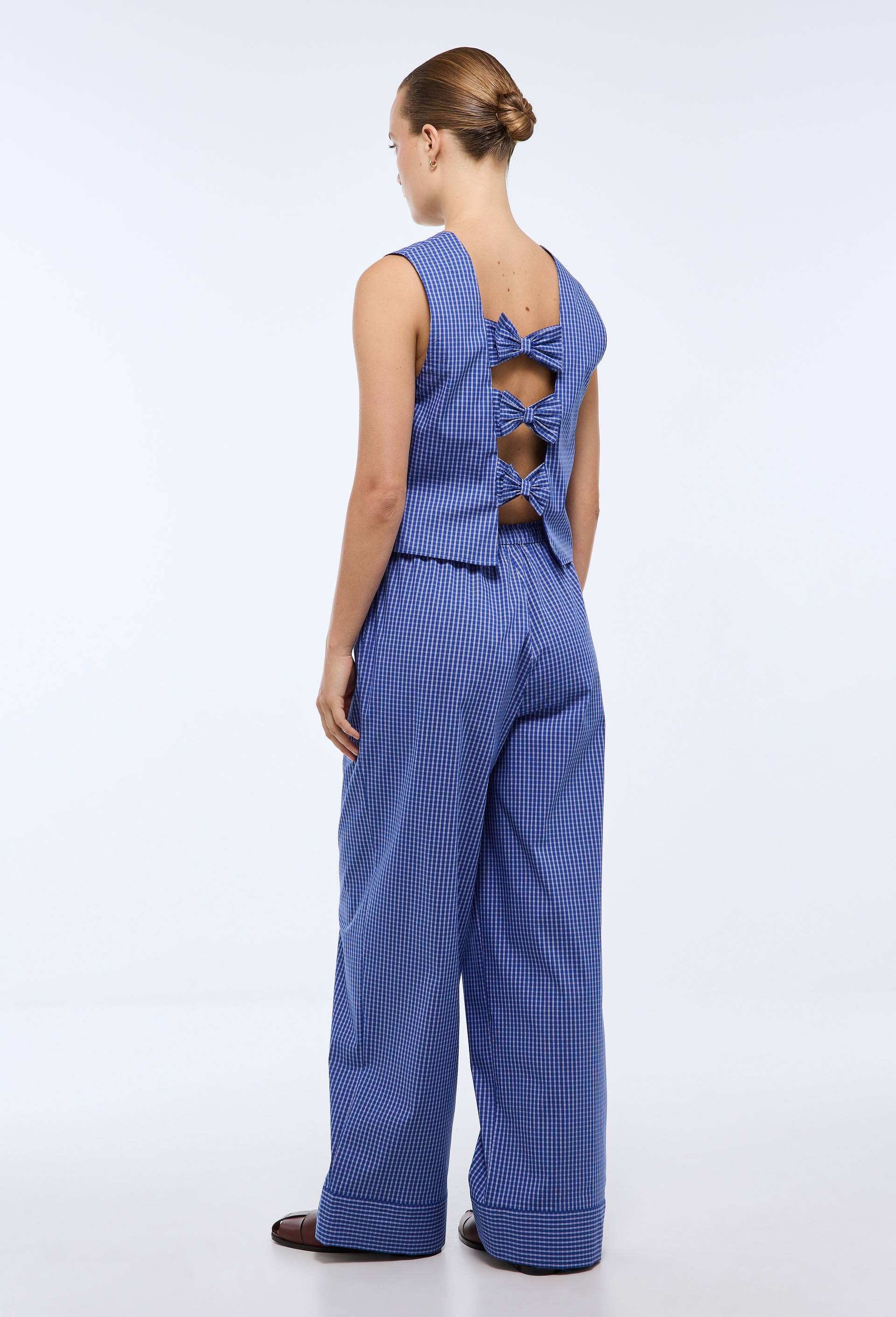 Pantalon large &agrave; carreaux en coton, Bleu, large image number 3