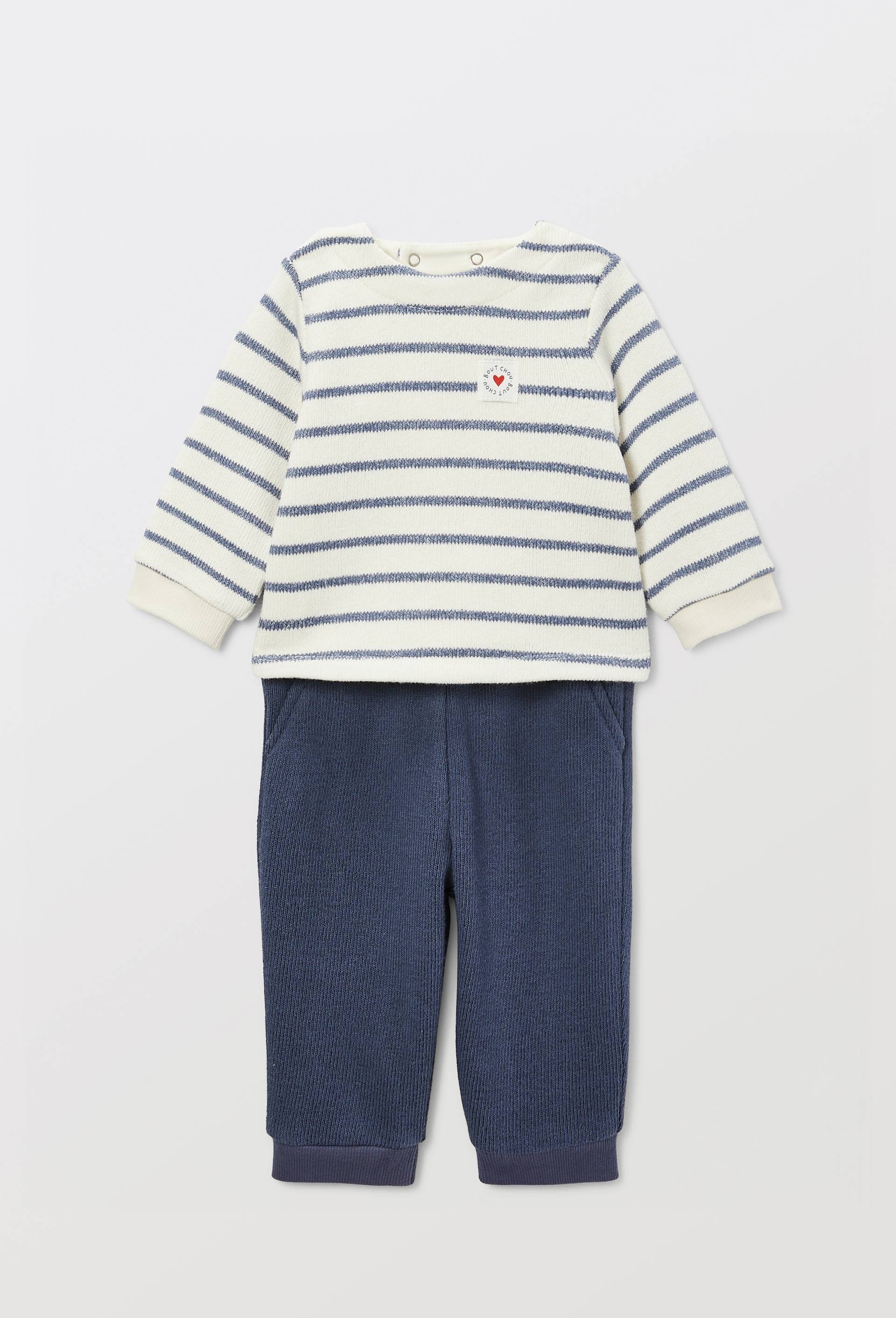 Ensemble pull ray&eacute; et pantalon uni, Bleu fonc&eacute;, large image number 1