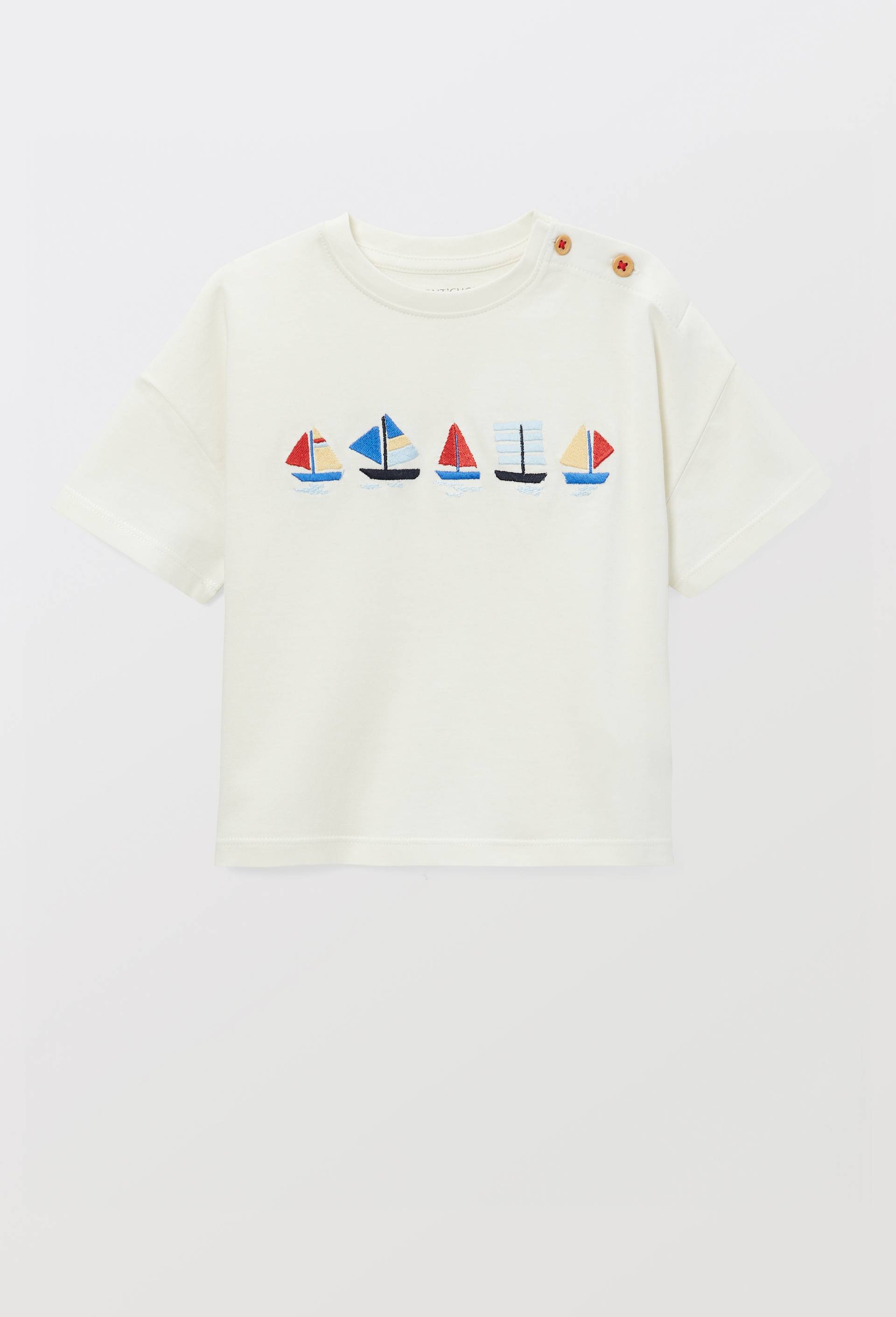 T-shirt manches courtes brod&eacute; en coton BIO GOTS, Ecru, large image number 1.0
