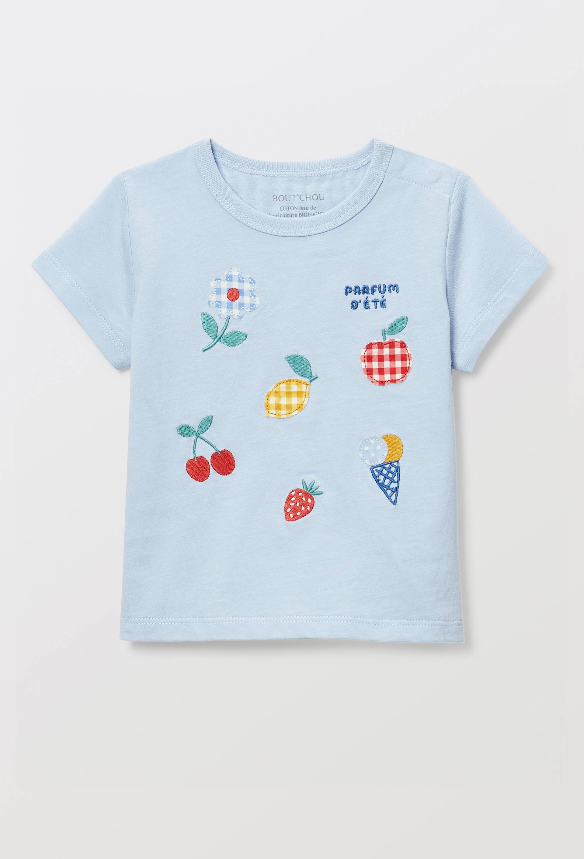 T-shirt manches courtes brod&eacute; en coton BIO GOTS, Bleu clair, large image number 1.0