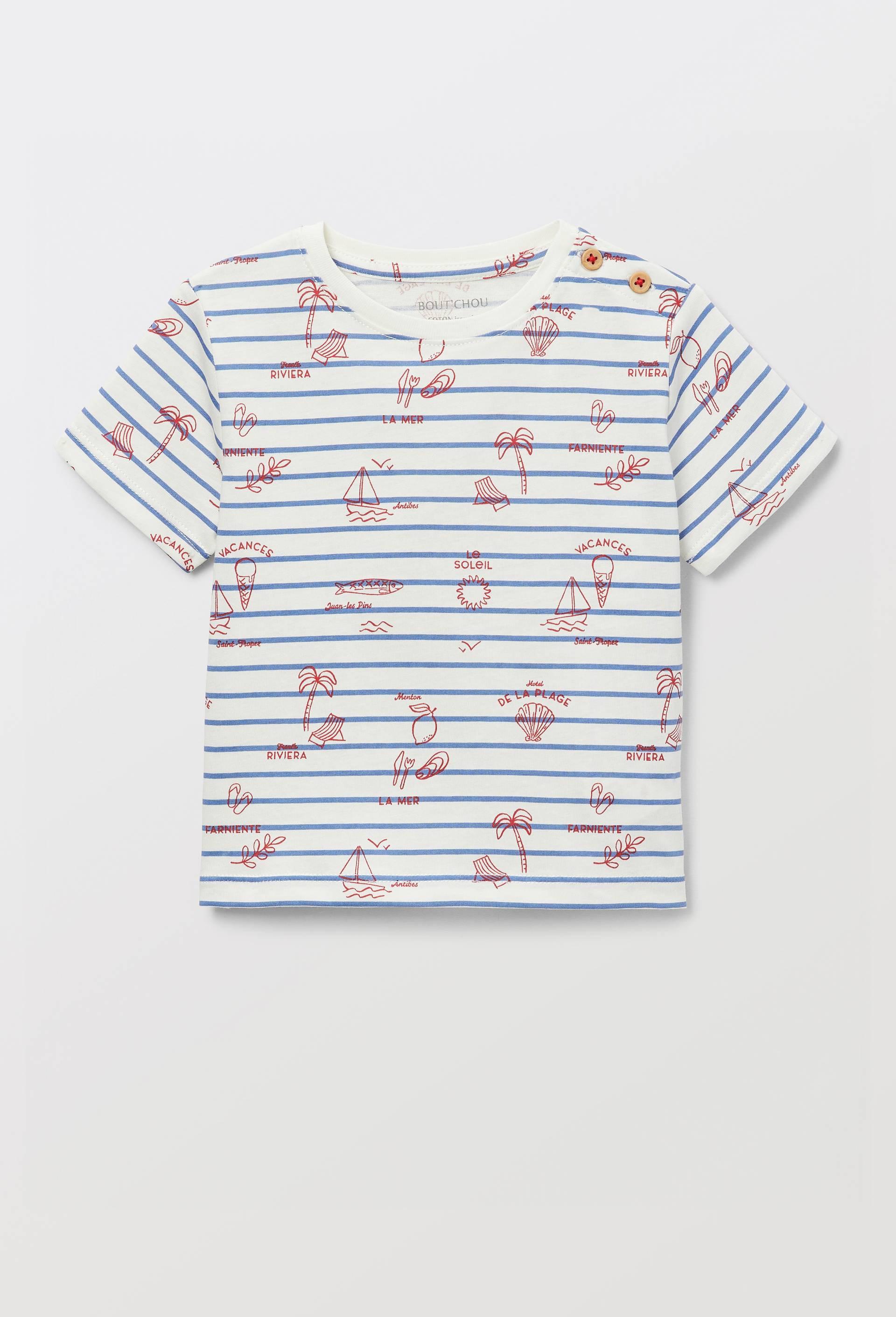 T-shirt manches courtes ray&eacute; et imprim&eacute; en coton BIO GOTS, Ecru, large image number 0.0