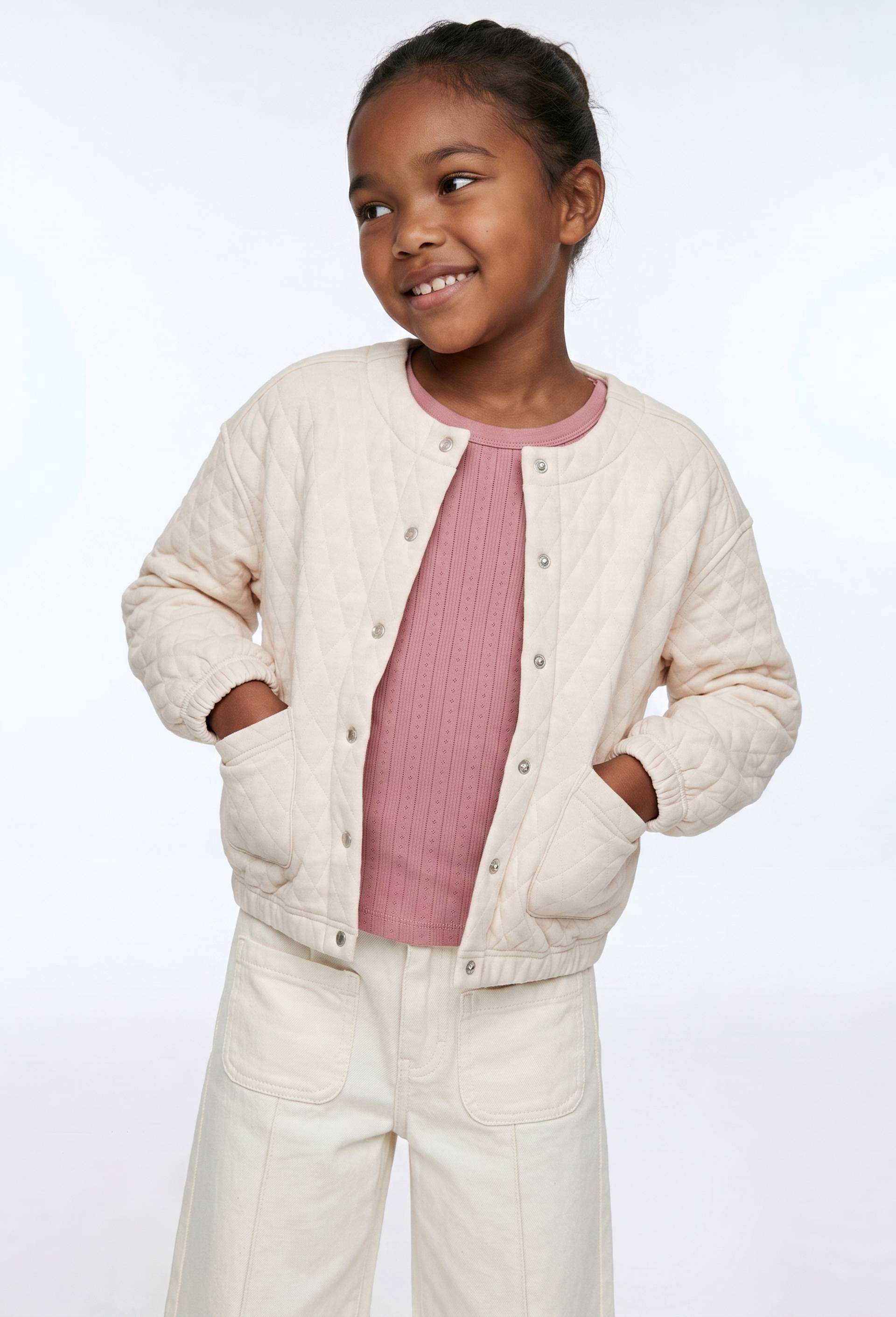 Cardigan uni en molleton matelass&eacute; contenant du coton, Beige clair, large image number 0