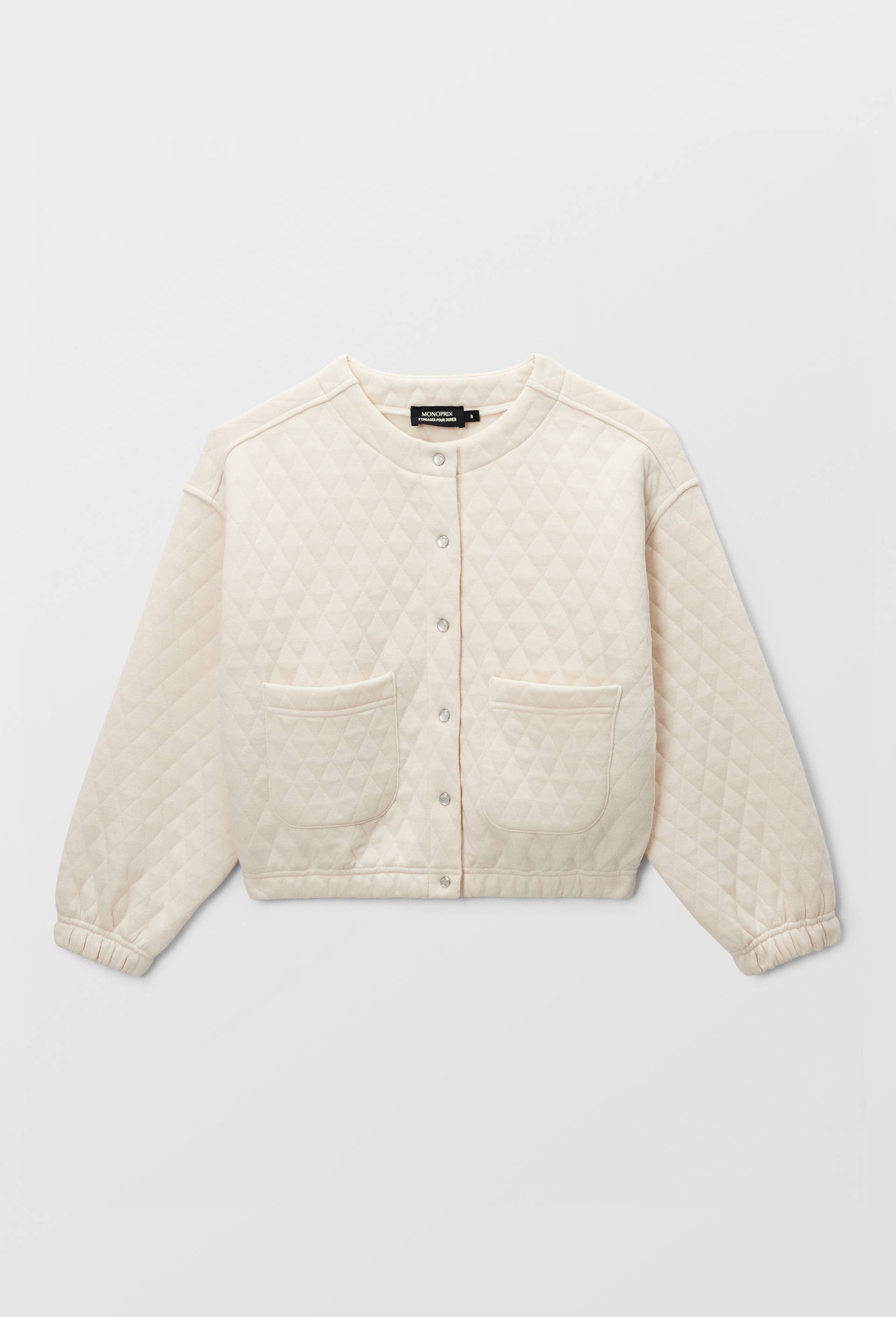 Cardigan uni en molleton matelass&eacute; contenant du coton, Beige clair, large image number 1.0