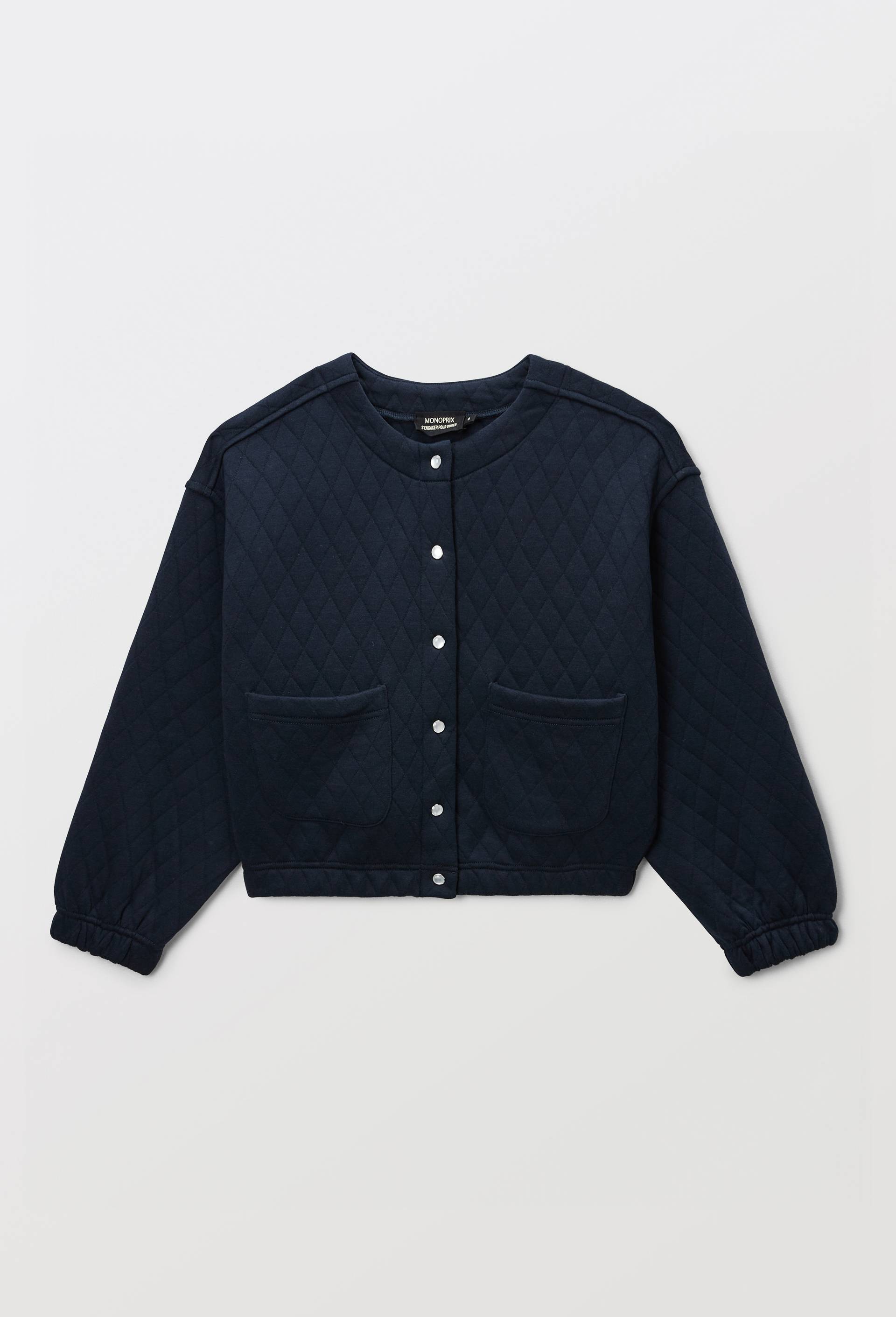 Cardigan uni en molleton matelass&eacute; contenant du coton, Bleu fonc&eacute;, large image number 1.0
