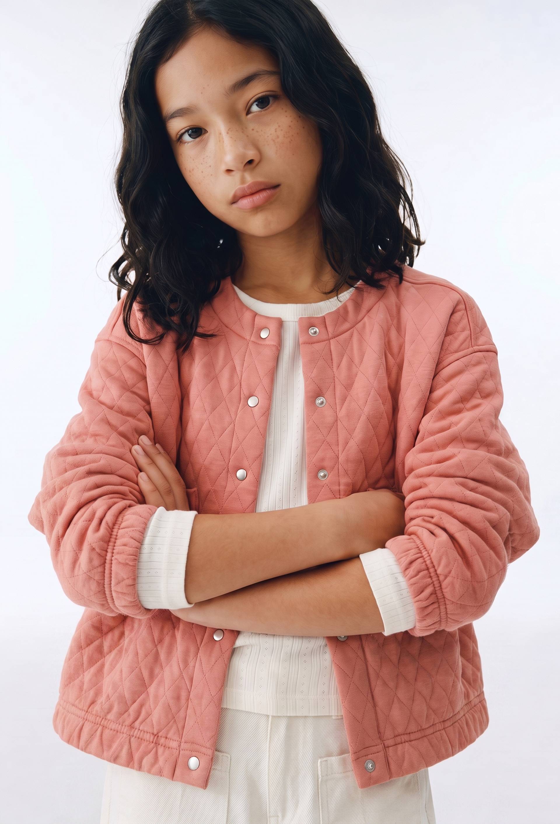 Cardigan uni en molleton matelass&eacute; contenant du coton, Rose, large image number 1