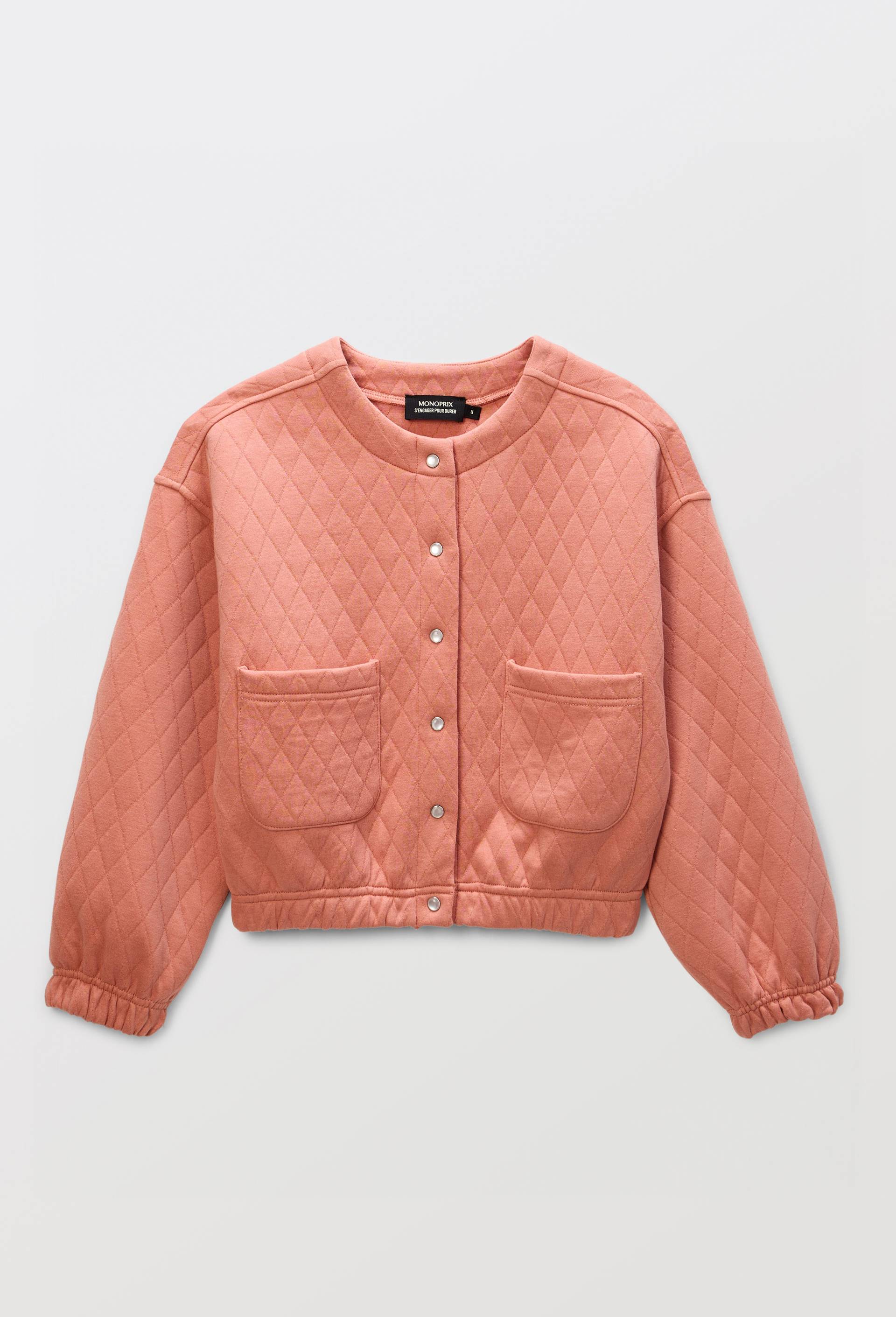Cardigan uni en molleton matelass&eacute; contenant du coton, Rose, large image number 2