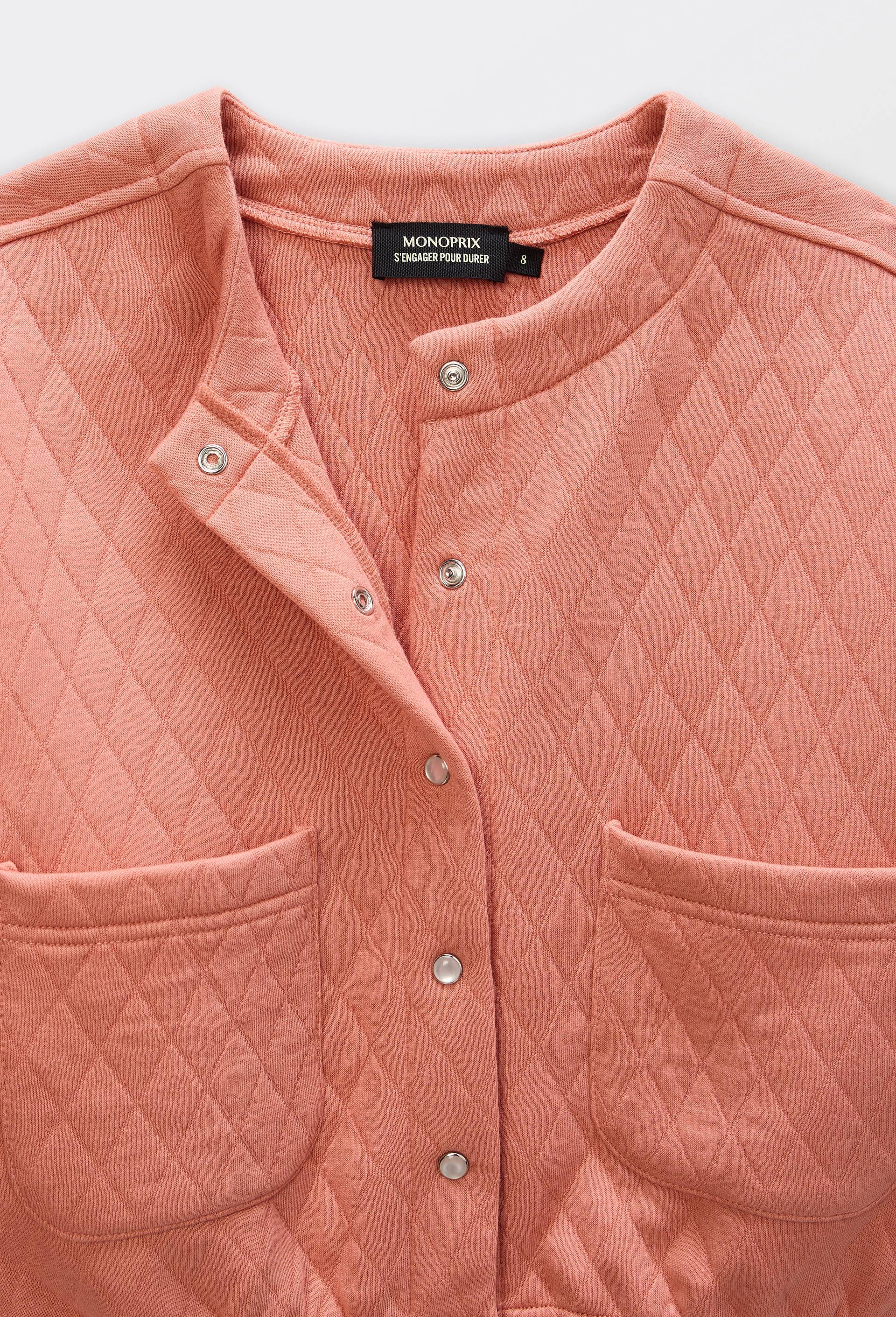 Cardigan uni en molleton matelass&eacute; contenant du coton, Rose, large image number 4