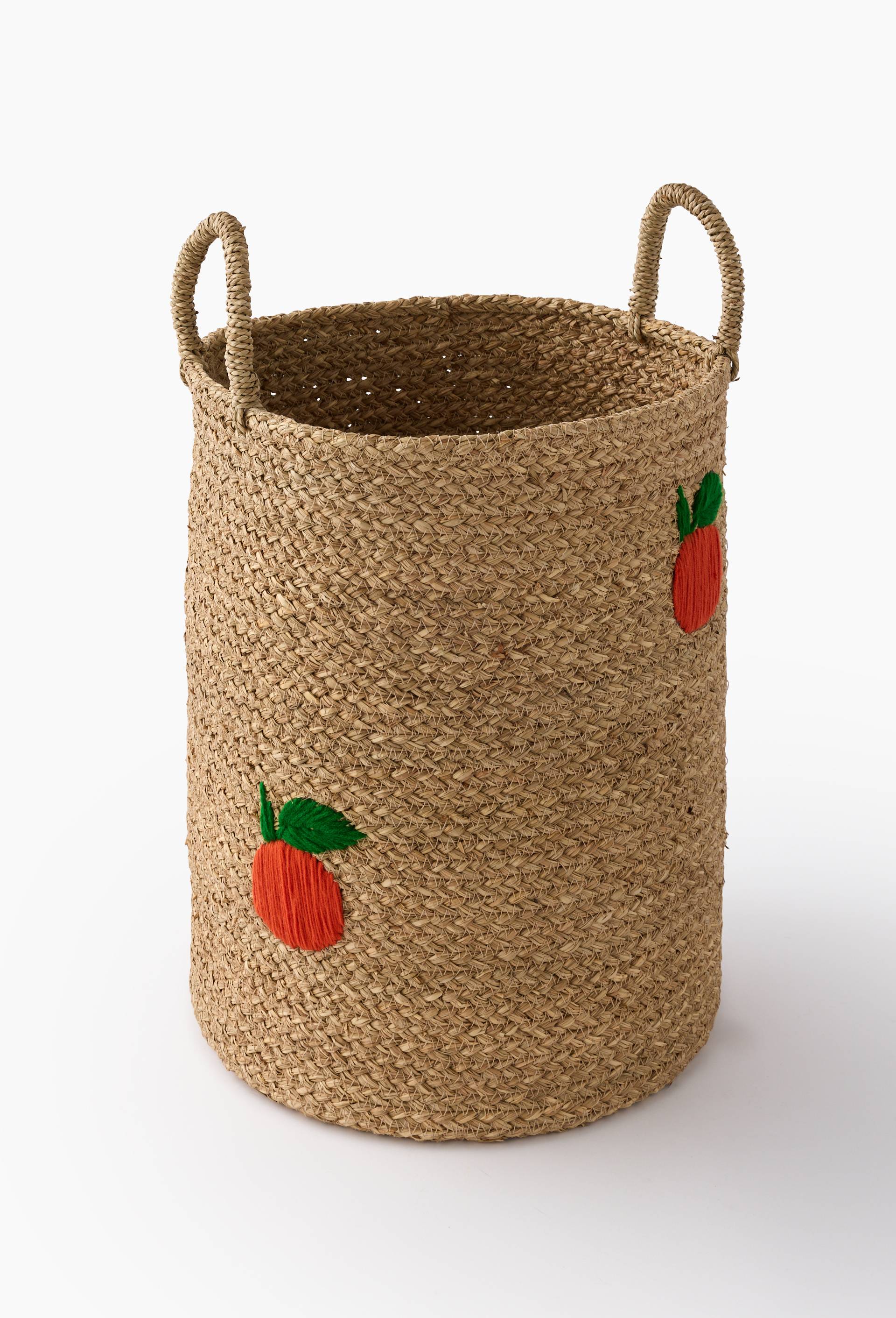 Panier tress&eacute; avec broderie p&ecirc;che, D35 x H55, en jonc de mer, Beige clair, large image number 0