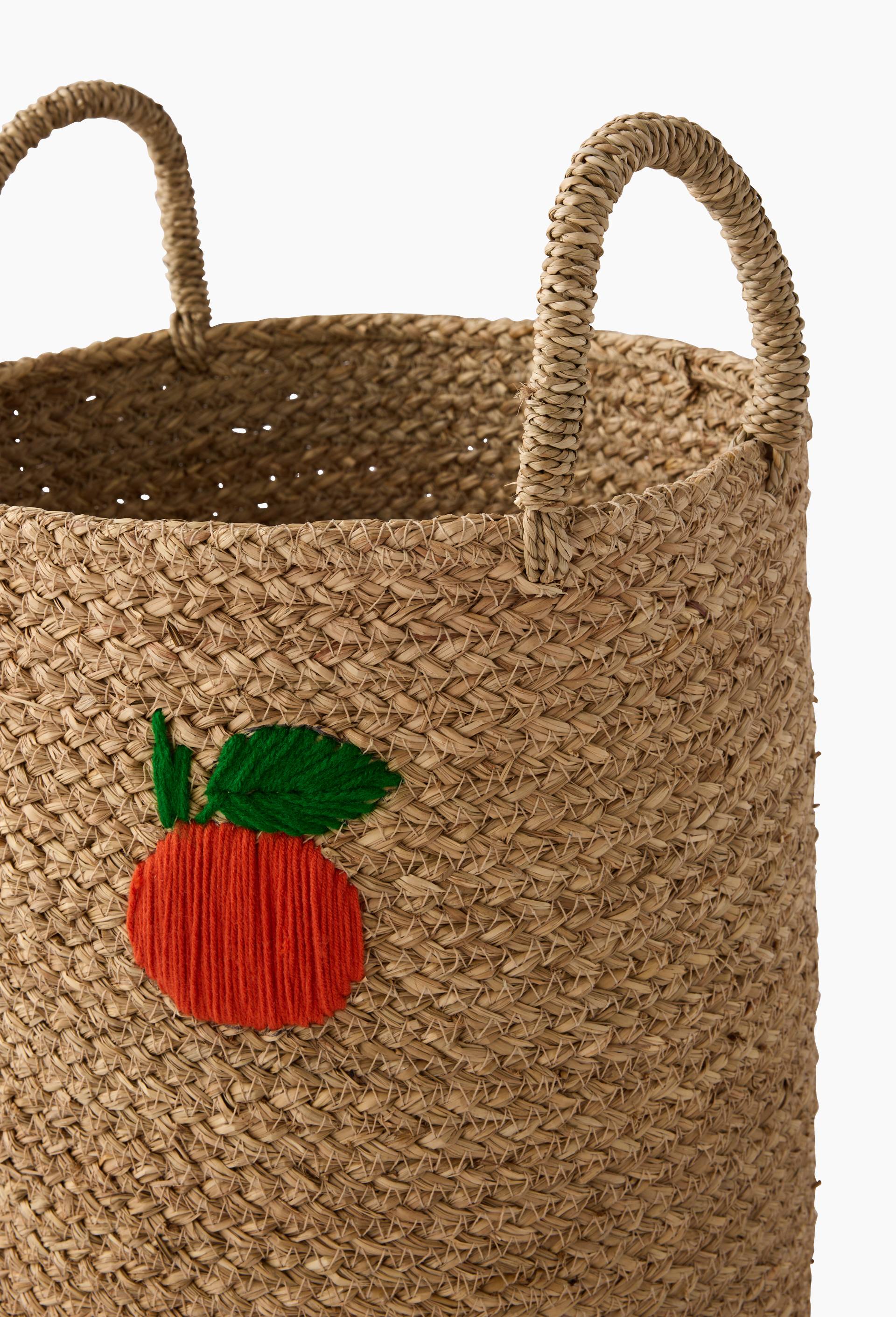 Panier tress&eacute; avec broderie p&ecirc;che, D35 x H55, en jonc de mer, Beige clair, large image number 1