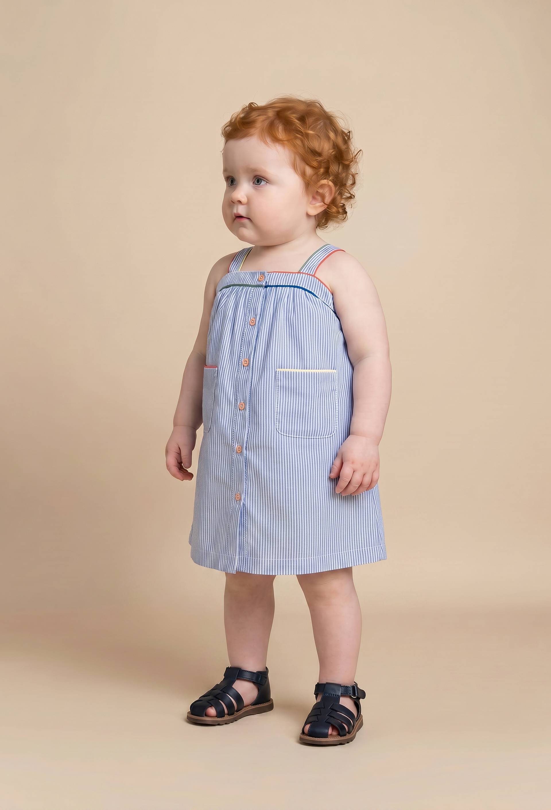 Robe avec bloomer ray&eacute;s en coton, Bleu, large image number 0