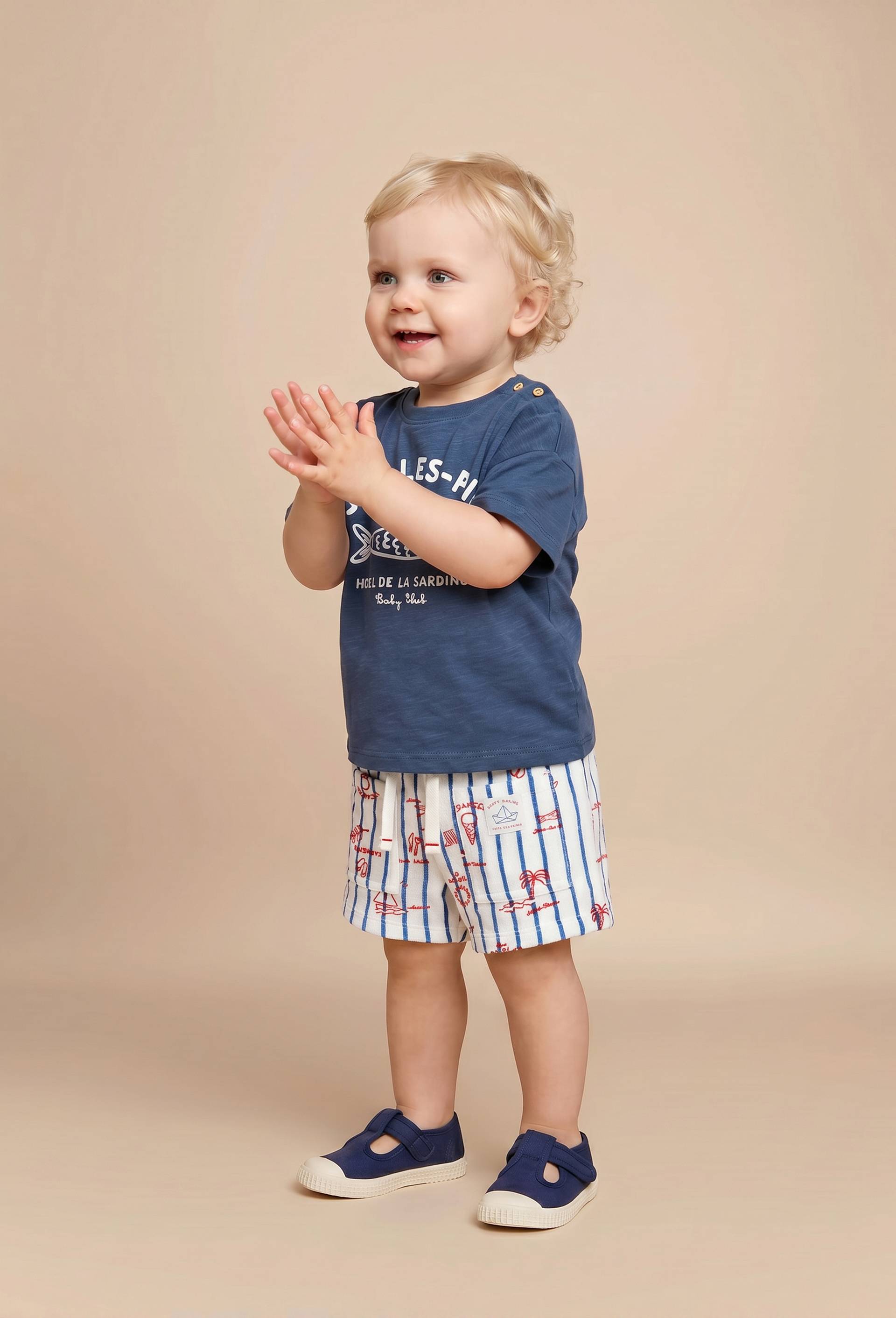 Short ray&eacute; imprim&eacute; en coton BIO GOTS, Ecru, large image number 0.0
