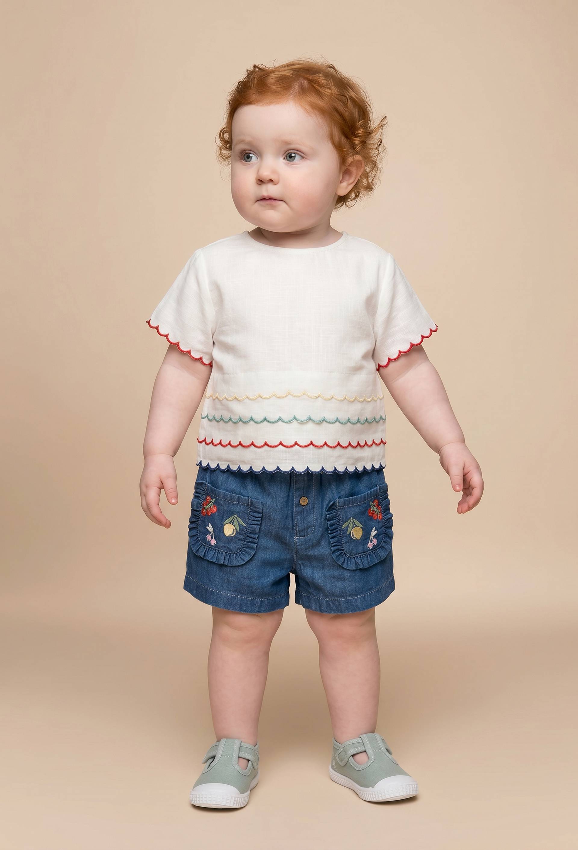 Short brod&eacute; en chambray de coton, Multicolore, large image number 0