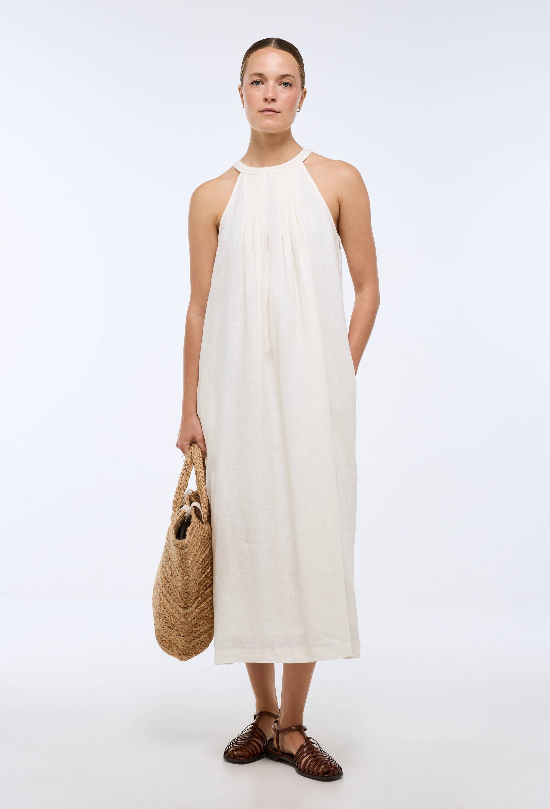 Robe longue sans manches unie en lin, Ecru, large image number 0