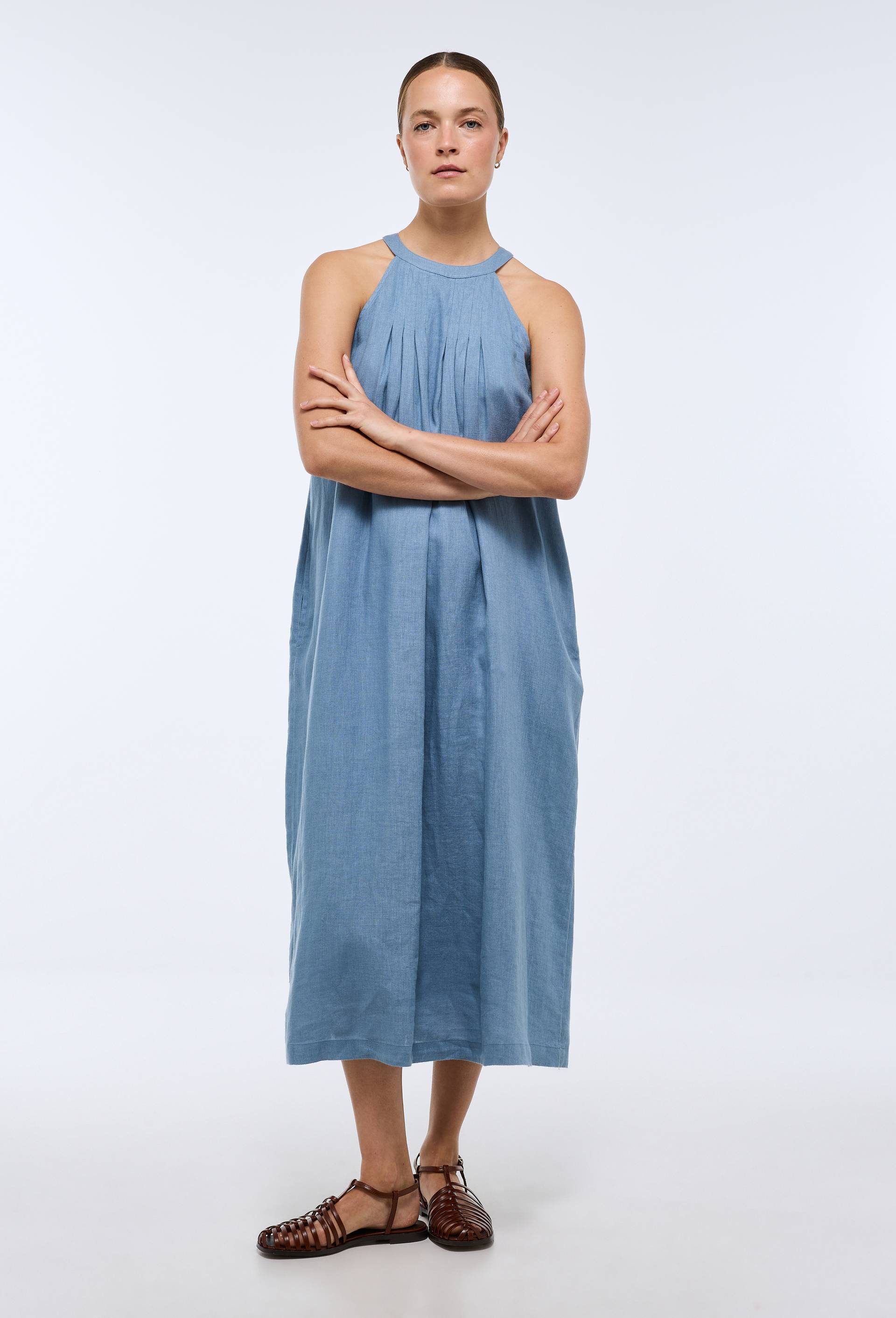 Robe longue sans manches unie en lin, Bleu, large image number 0