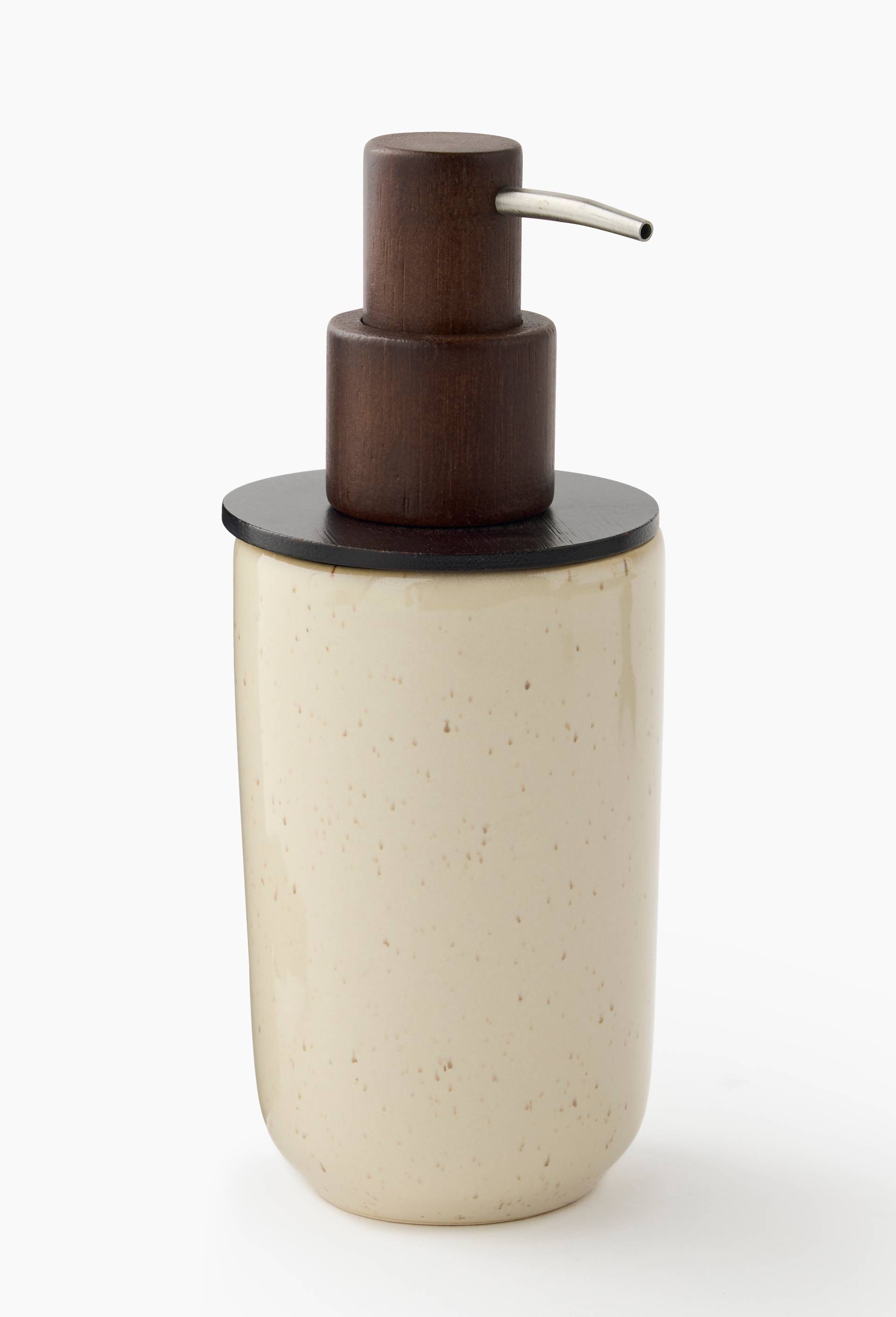 Distributeur de savon, 19x7,5x7,5cm, en c&eacute;ramique et bois, Brun clair, large image number 0