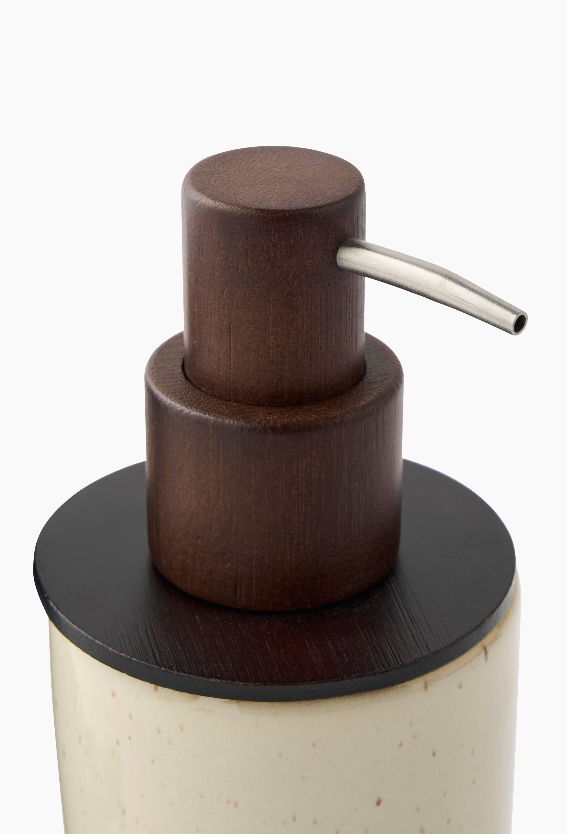 Distributeur de savon, 19x7,5x7,5cm, en c&eacute;ramique et bois, Brun clair, large image number 1