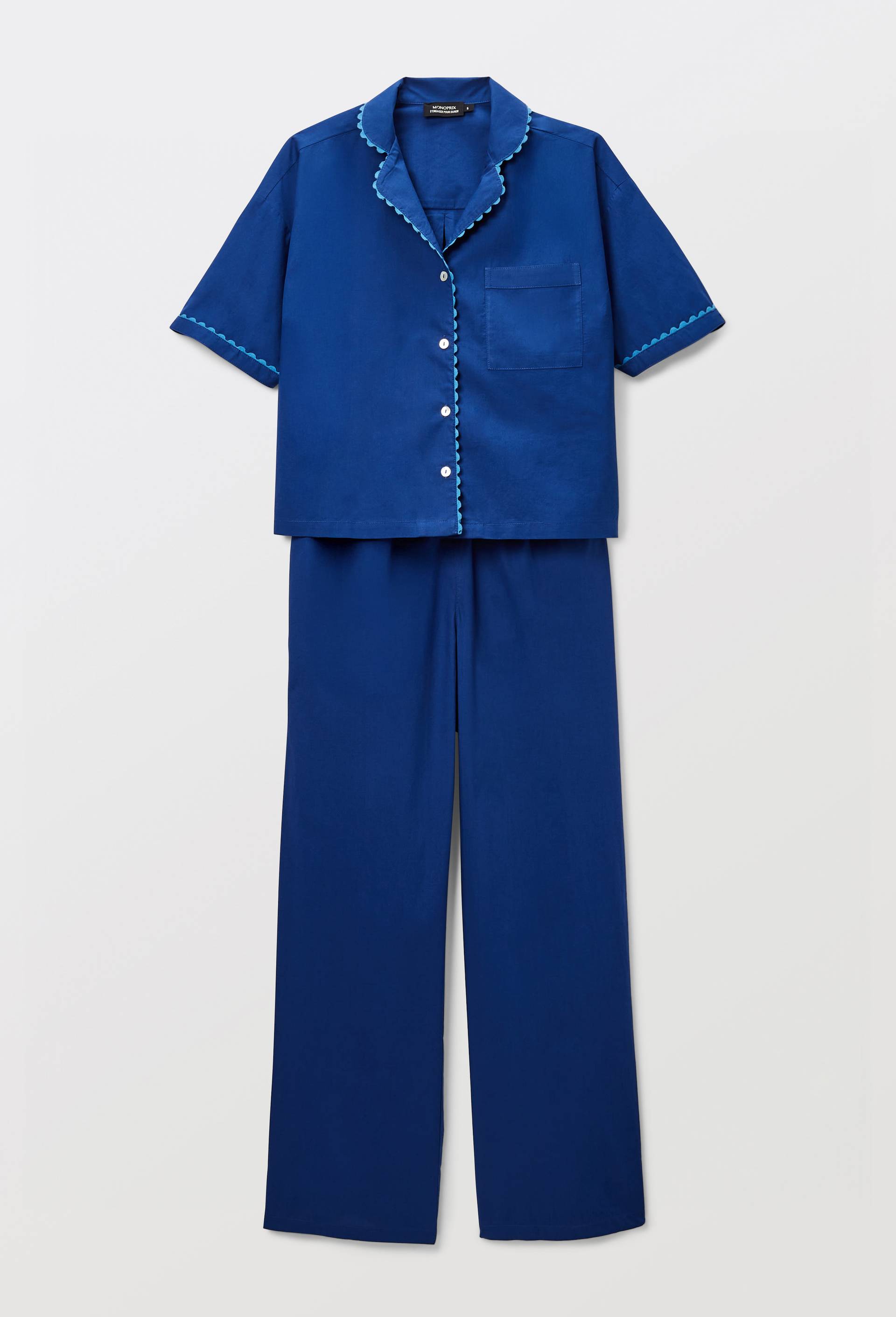 Pyjama uni avec d&eacute;tails brod&eacute;s en coton bio GOTS, Bleu, large image number 2